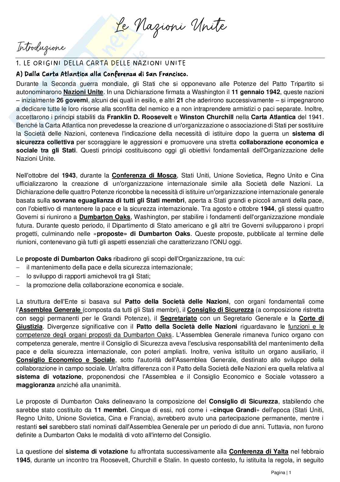 Riassunto esame Diritto delle organizzazioni internazionali, Prof. Grado Valentina, libro consigliato Le Nazioni Unite, Conforti, Focarelli Pag. 1