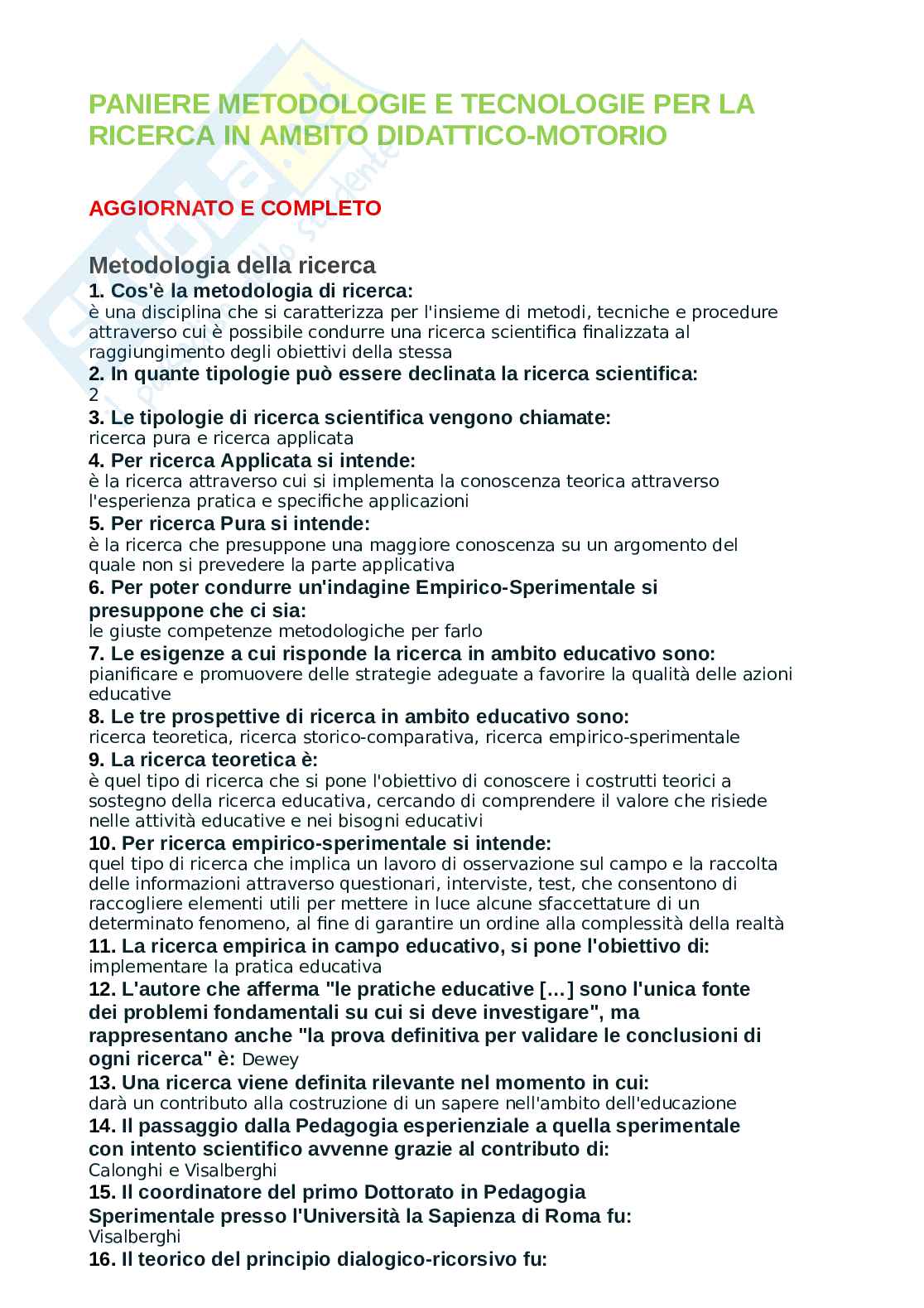 Paniere Metodologie e tecnologie per la ricerca in ambito didattico motorio. Aggiornato e completo. In ordine  Pag. 1