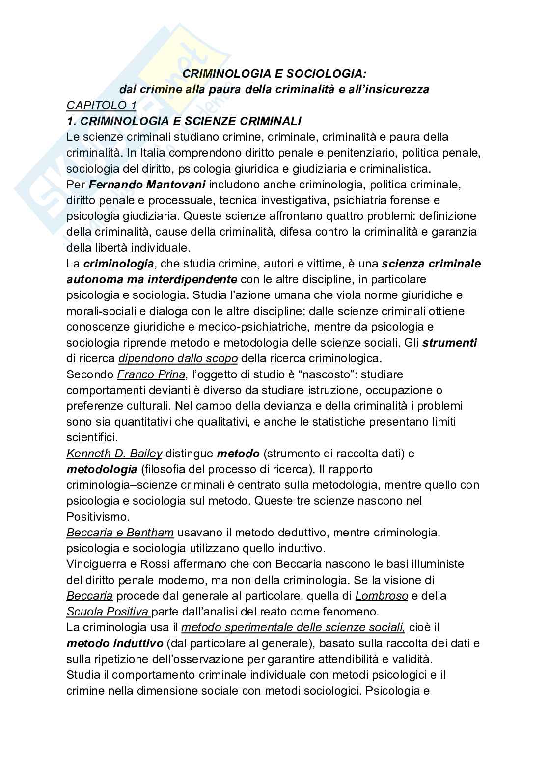 Riassunto esame Criminologia e sociologia della devianza, Prof. Curti Sabina, libro consigliato Criminologia e sociologia della devianza, 5 edizione, Curti  Pag. 1