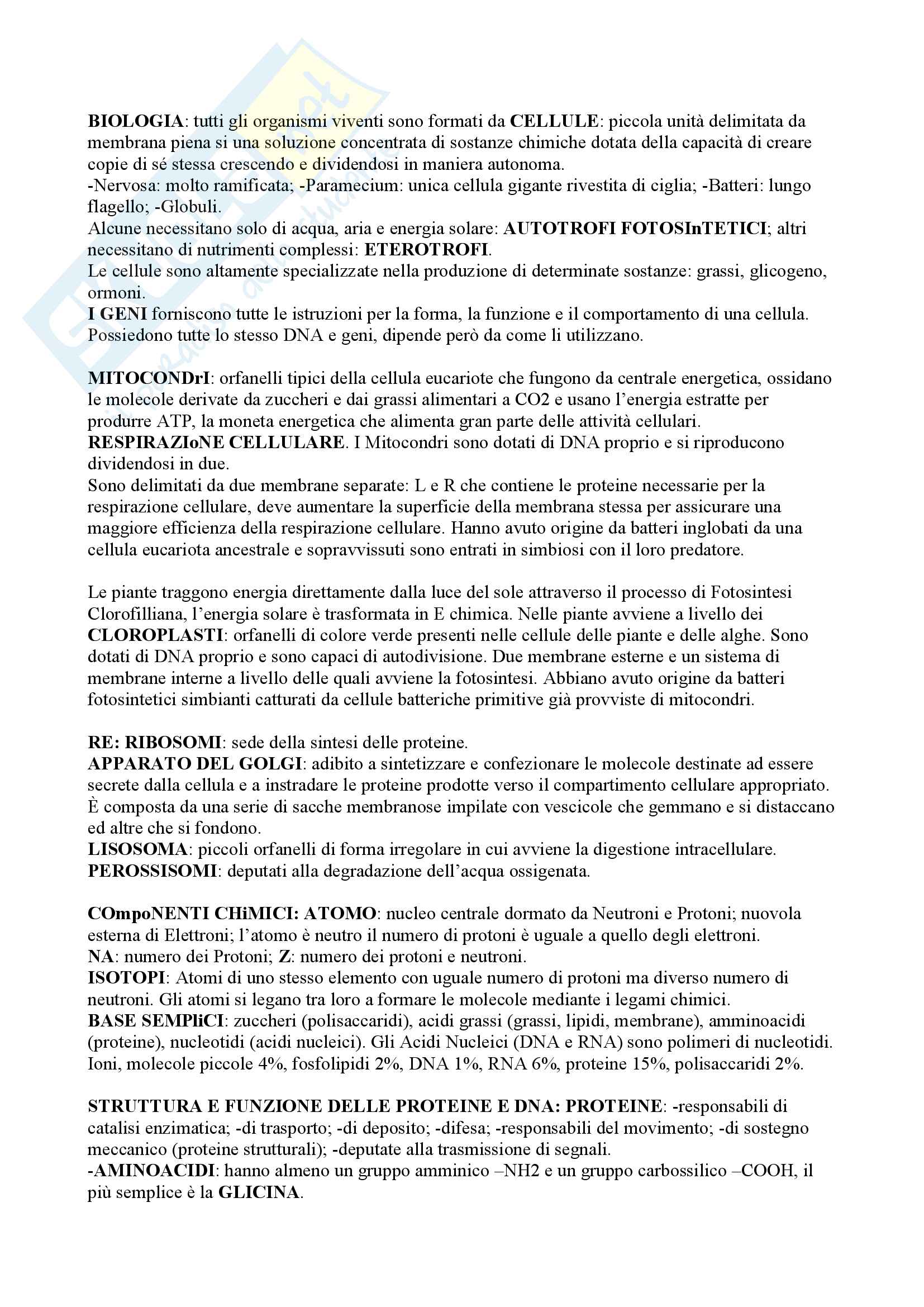 Riassunti Esame Di Biologia Per Professioni Sanitarie