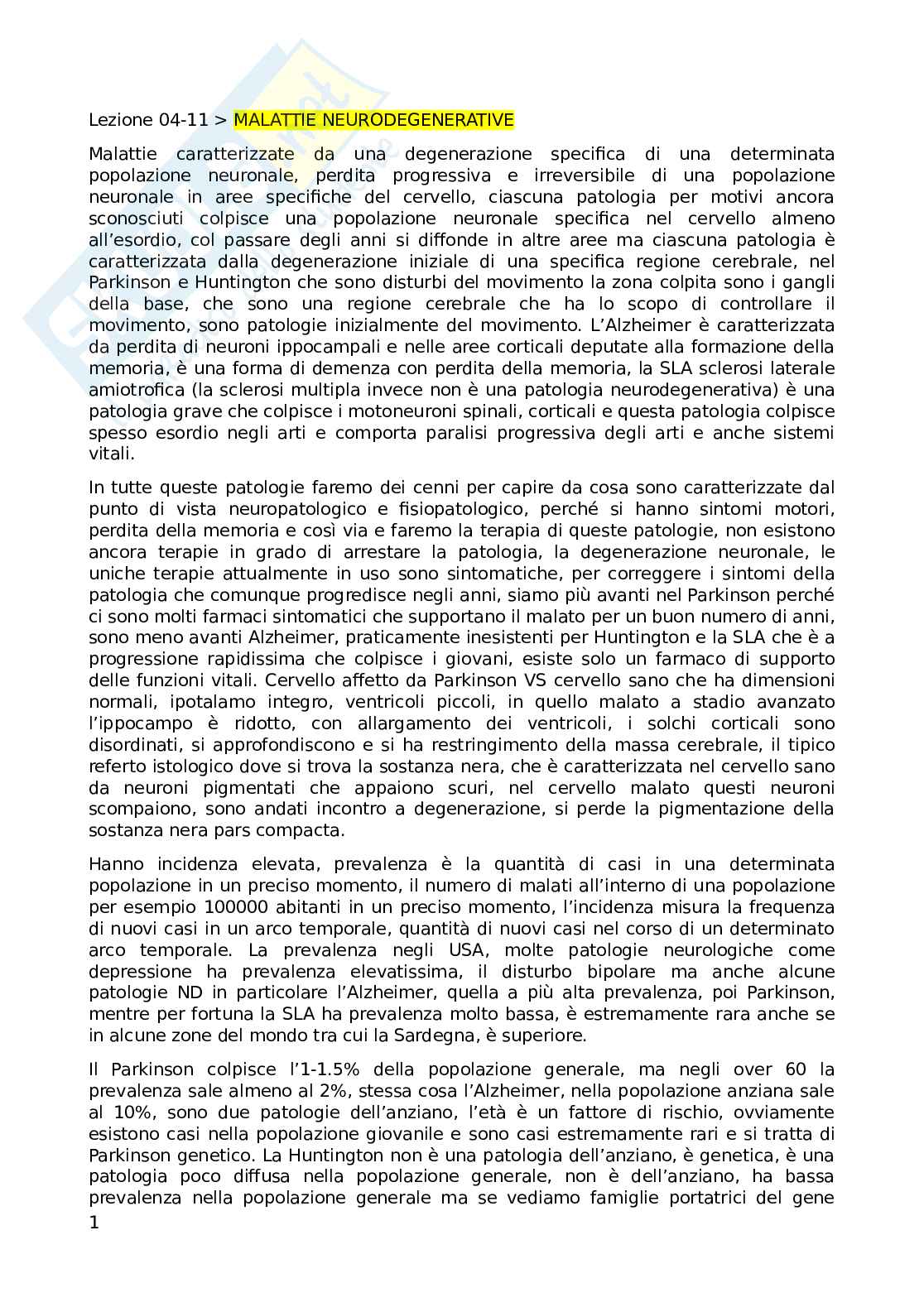 Appunti sulle lezioni di Farmacoterapia 2 sulle malattie neurodegenerative e immunisoppressione Pag. 1