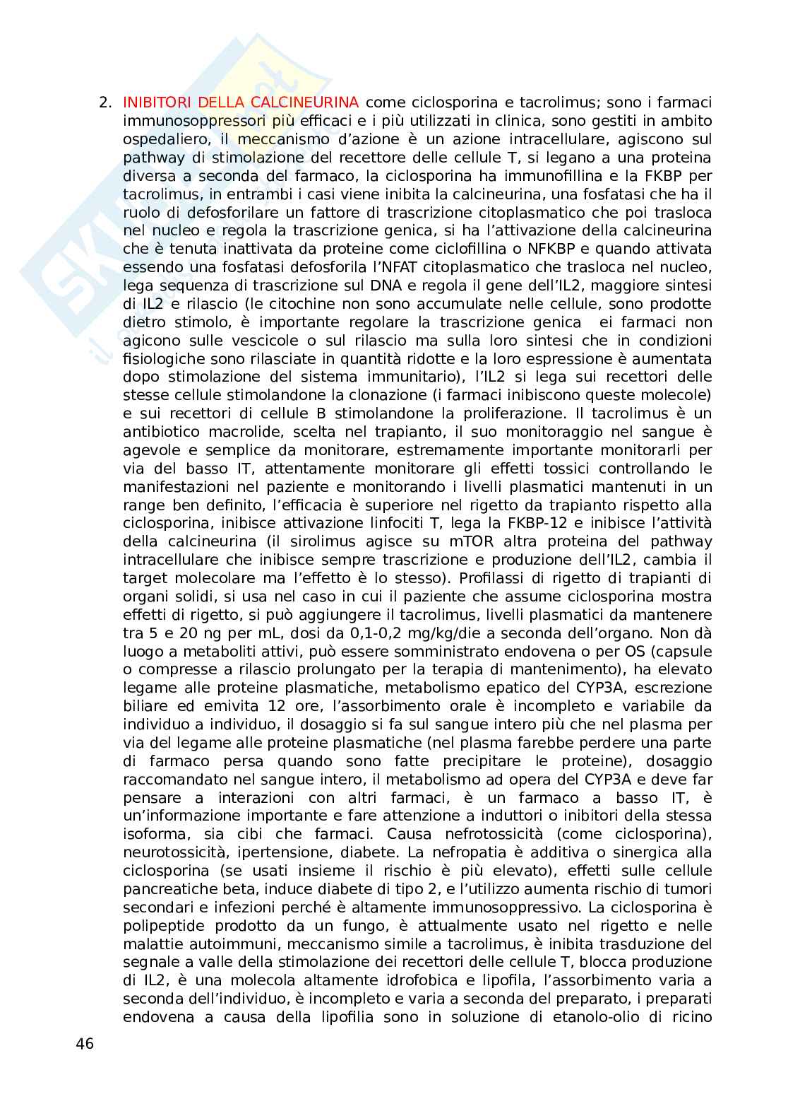 Appunti sulle lezioni di Farmacoterapia 2 sulle malattie neurodegenerative e immunisoppressione Pag. 46