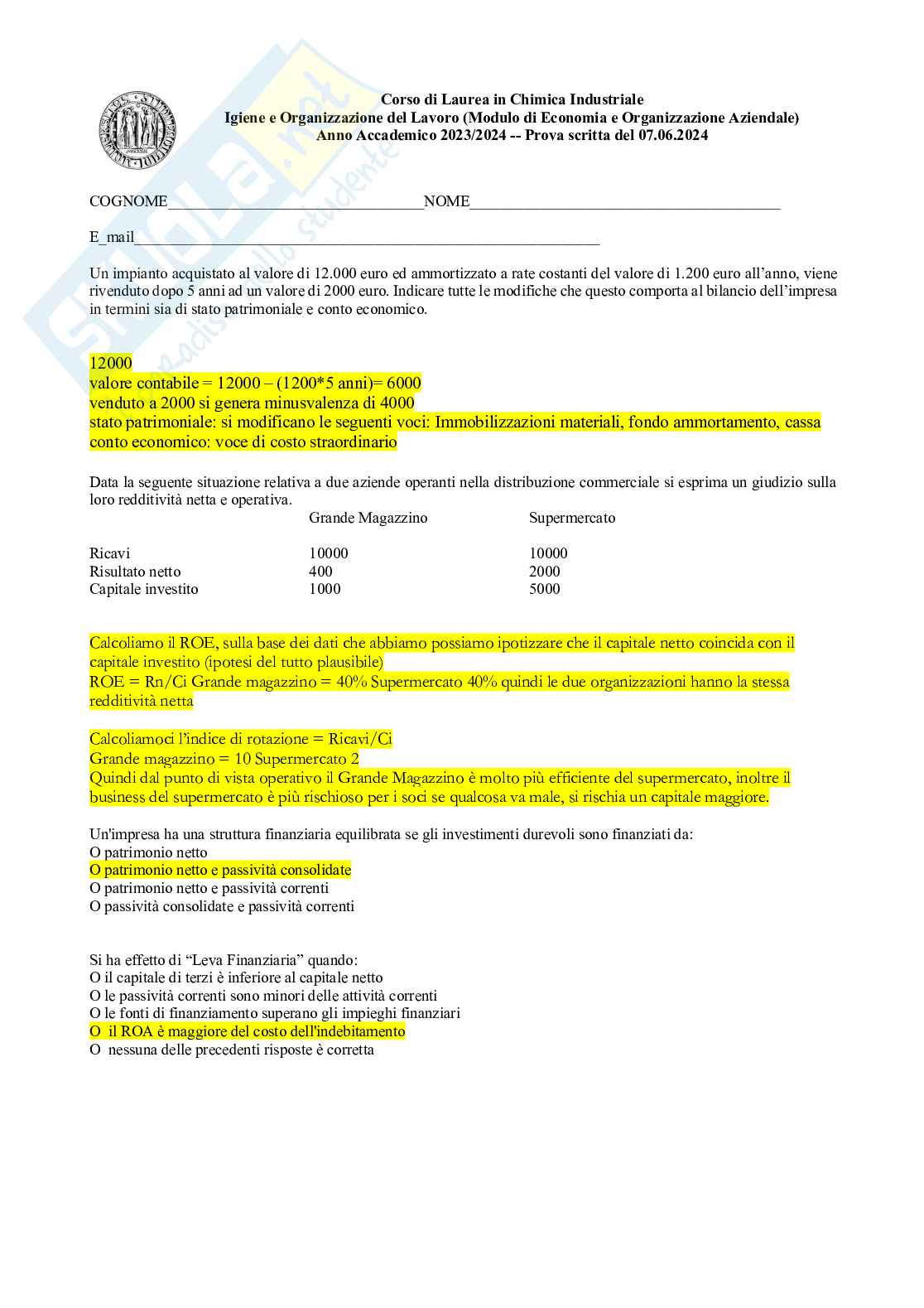 Esame svolto 7 giugno 2024 Igiene e organizzazione del lavoro Pag. 1