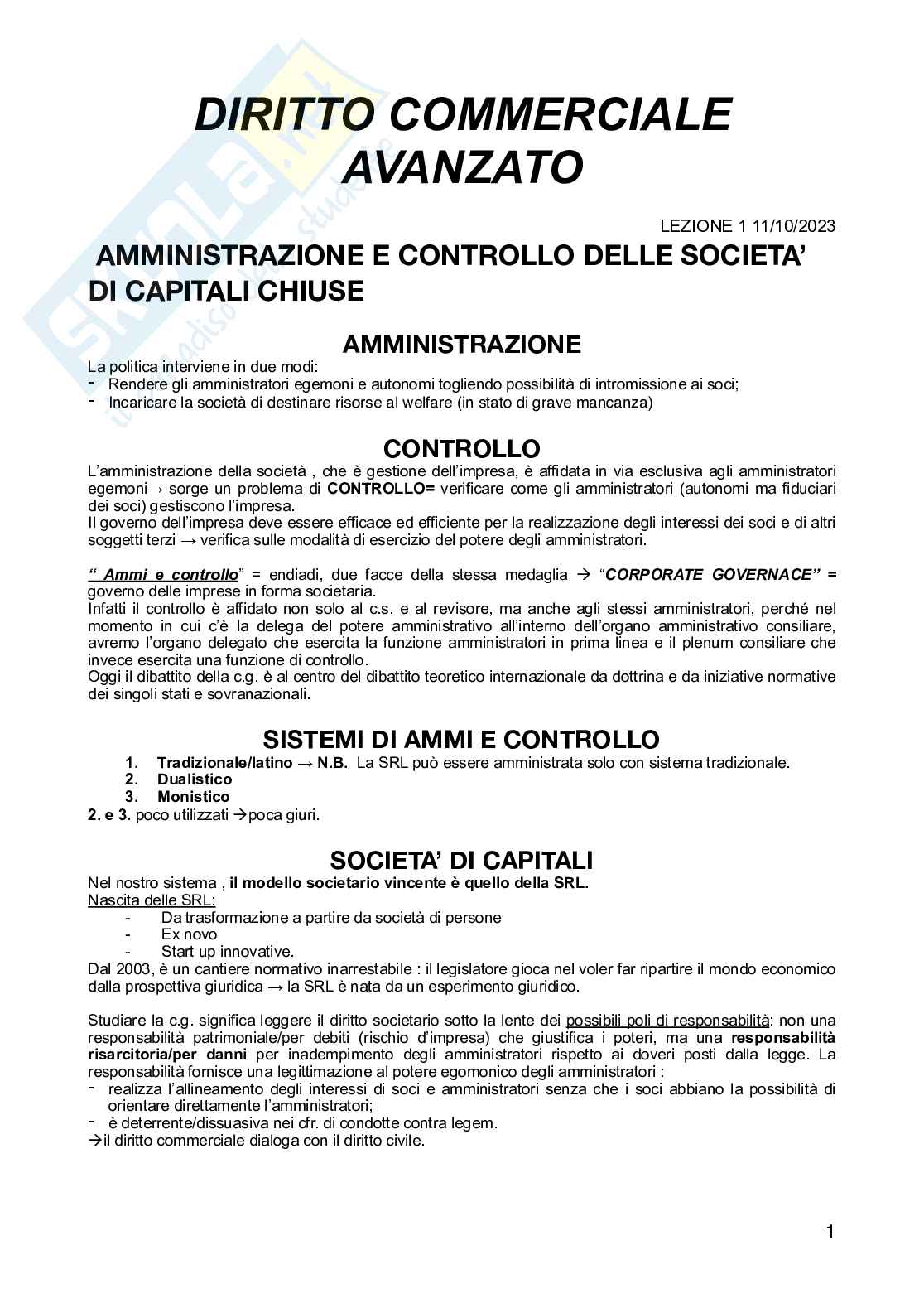 Appunti completi di diritto commerciale avanzato partizione A-J A.A.2023-2024 Pag. 1