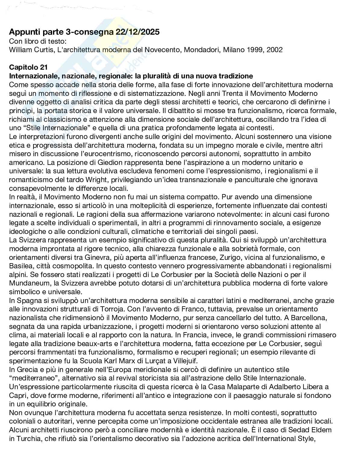 Consegna appunti parte tre di Storia dell’architettura contemporanea Pag. 1