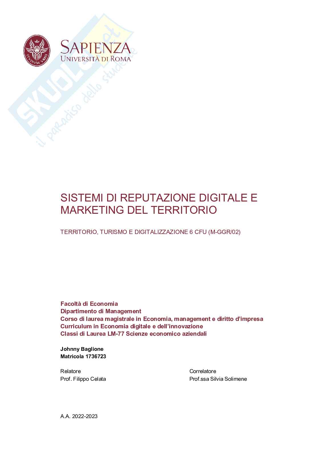 Sistemi di reputazione digitale e marketing del territorio Pag. 1