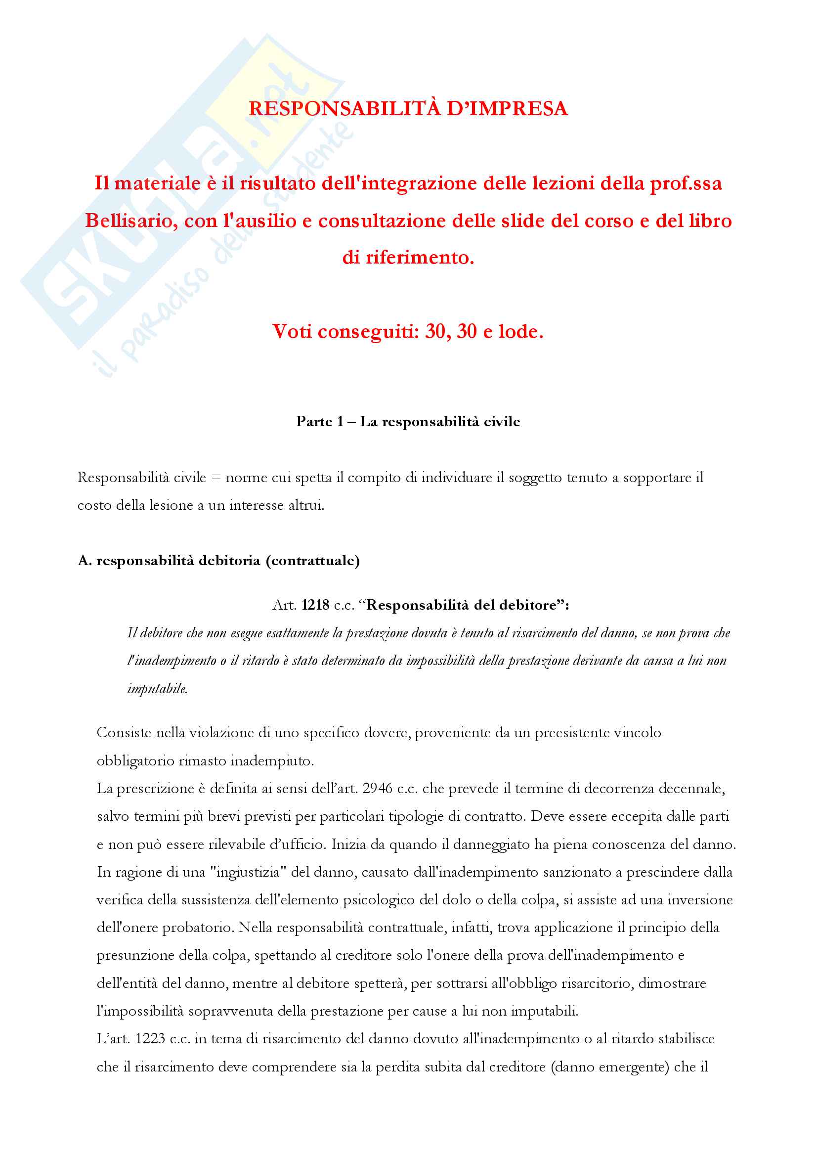 Riassunto esame di "Responsabilità d'impresa e consumatori", prof. Elena Bellisario Pag. 1