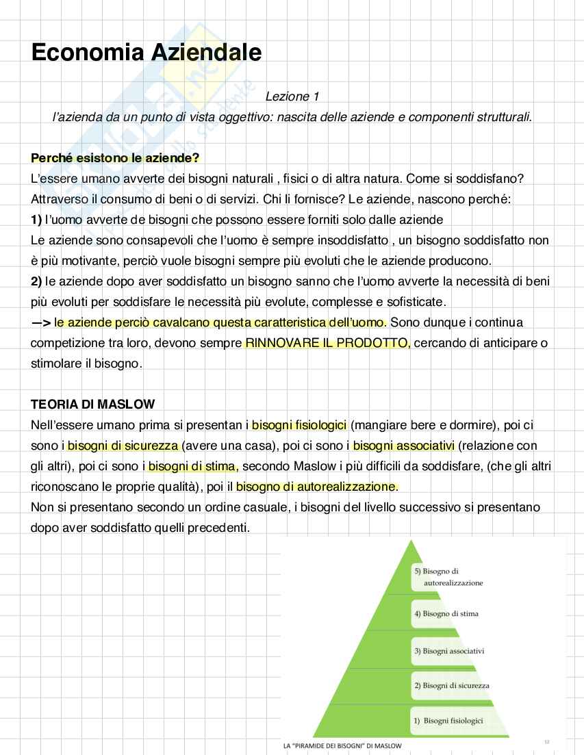 Riassunto esame Economia aziendale, Prof. Cimini Riccardo, libro consigliato Economia aziendale. Estratto. Vol. 1: Attività aziendale e processi produttivi , Cavalieri, Ferraris Franceschi Pag. 2