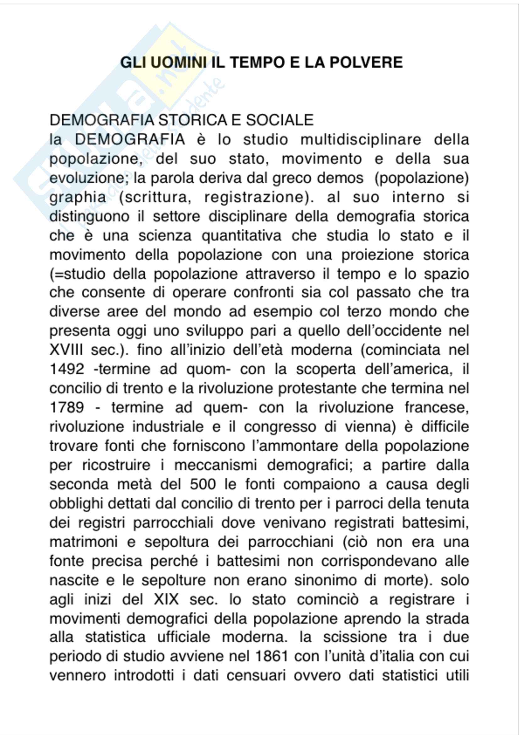 Riassunto esame di demografia storica e sociale, prof ssa Carbone libro consigliato Gli uomini e la polvere. Fonti e documenti per una storia demografica italiana, secc XV XXI, A. Carbone Pag. 1