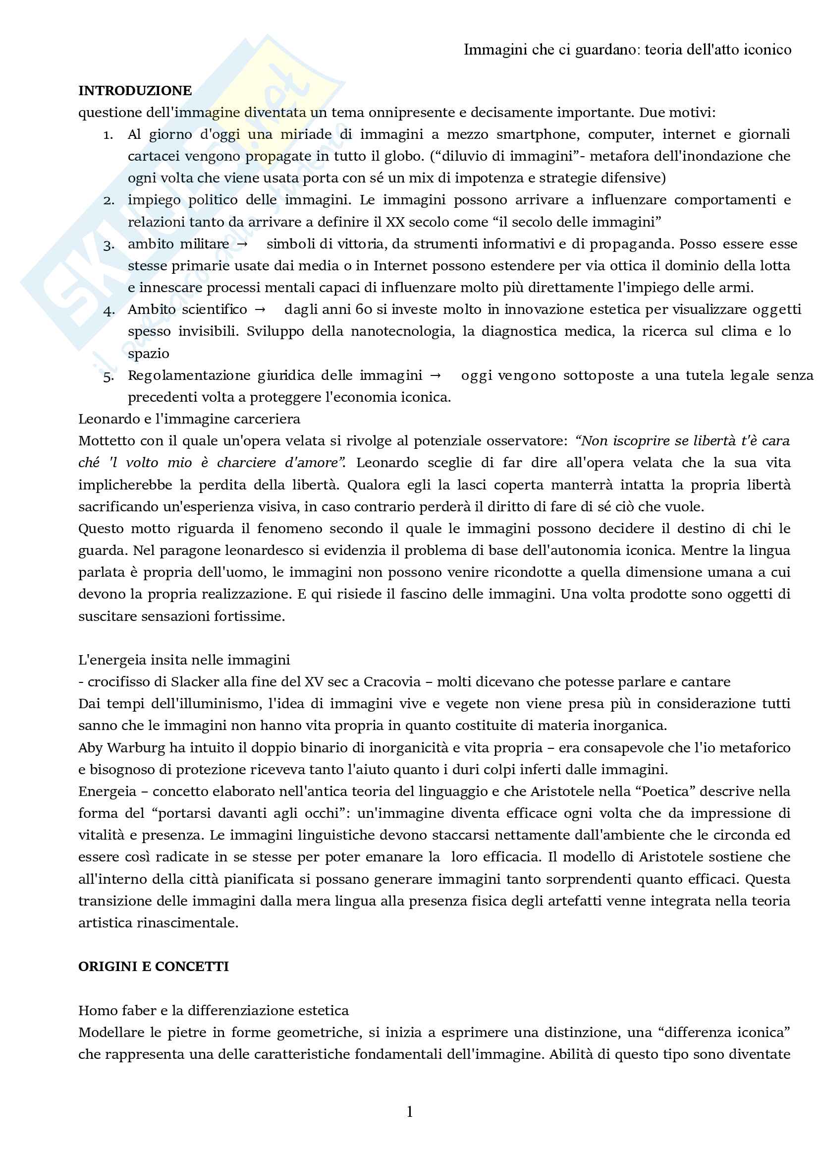 Riassunto esame Istituzioni dell'arte moderna in Italia e in Europa, docente Capitanio, libro consigliato "Immagini che ci guardano: teoria dell'atto iconico", autore H. Bredekamp Pag. 1