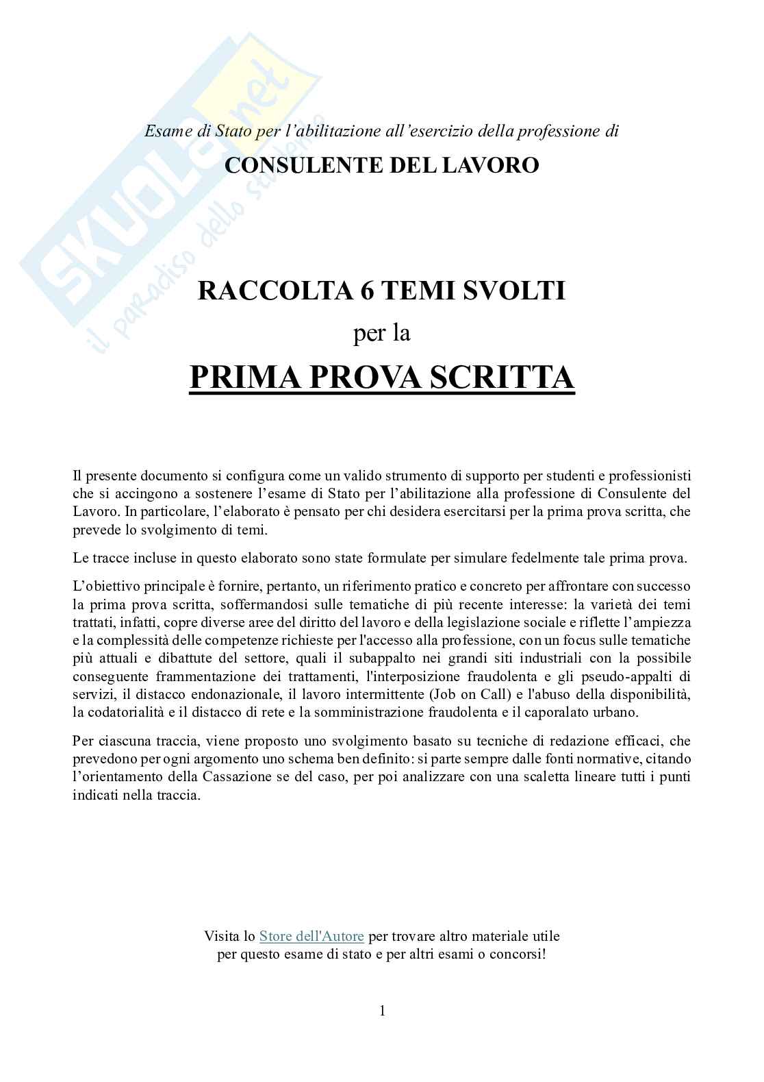 Simulazione di esercitazione per esame stato abilitazione consulenti lavoro - temi svolti prova scritta di diritto del lavoro e legislazione sociale - Temi da 7 a 12 Pag. 1
