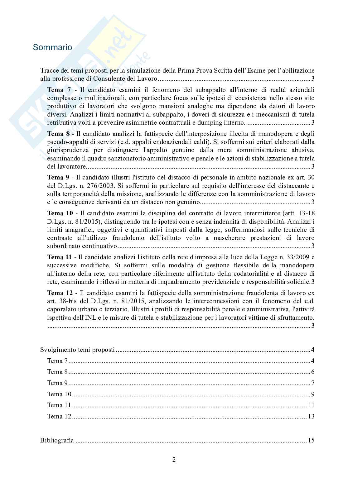 Simulazione di esercitazione per esame stato abilitazione consulenti lavoro - temi svolti prova scritta di diritto del lavoro e legislazione sociale - Temi da 7 a 12 Pag. 2