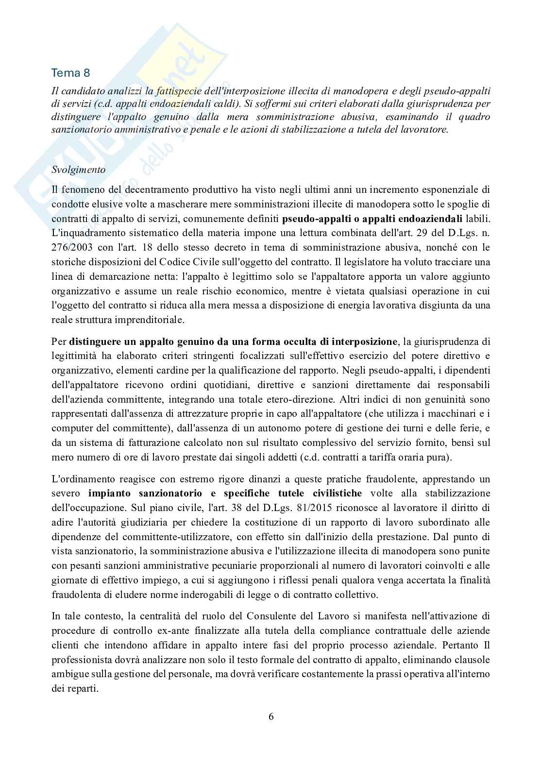 Simulazione di esercitazione per esame stato abilitazione consulenti lavoro - temi svolti prova scritta di diritto del lavoro e legislazione sociale - Temi da 7 a 12 Pag. 6
