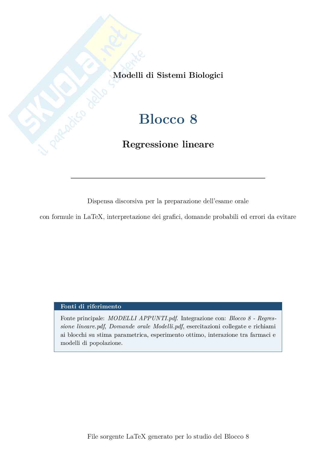 Blocco 8 Modelli di sistemi biologici - Regressione lineare Pag. 1