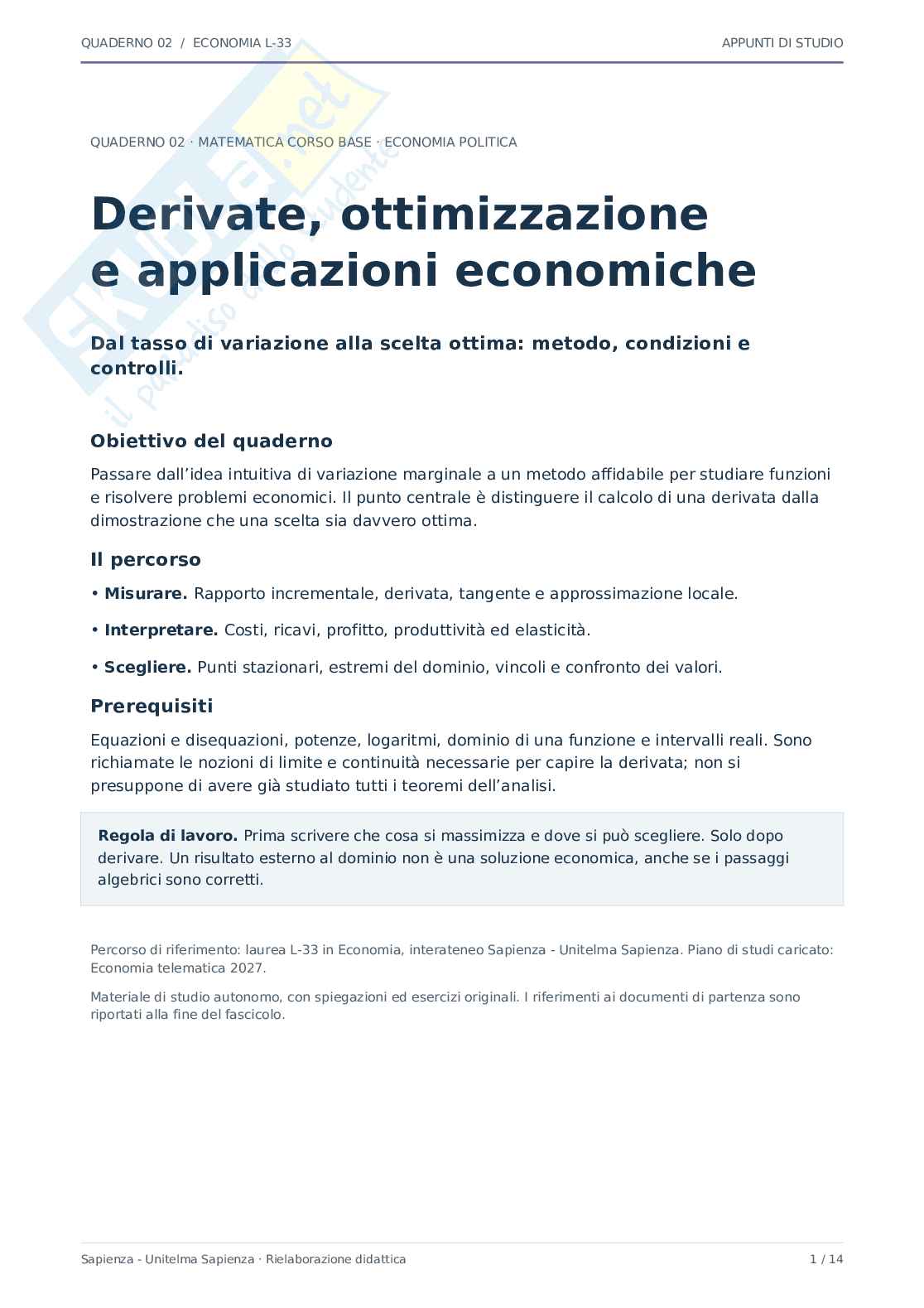 Derivate, ottimizzazione e applicazioni economiche Pag. 1