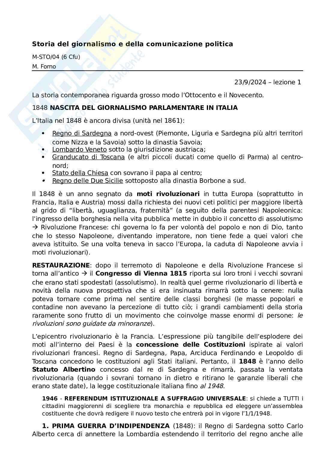 Storia del giornalismo e della comunicazione politica Pag. 1