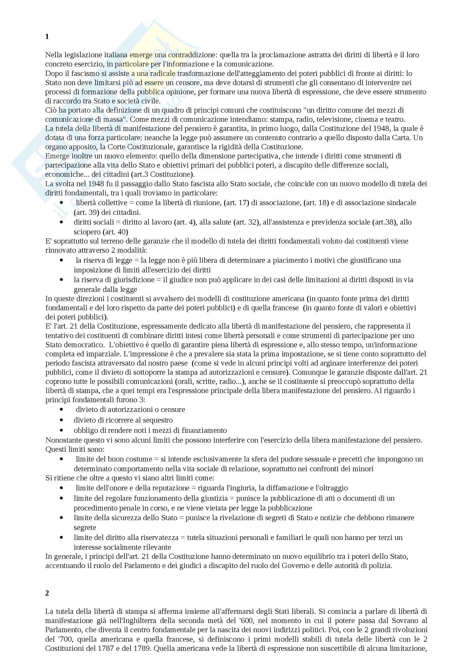 Riassunto esame Diritto, prof. Salibba, libro consigliato Diritto dell'informazione e della comunicazione, Caretti Pag. 1