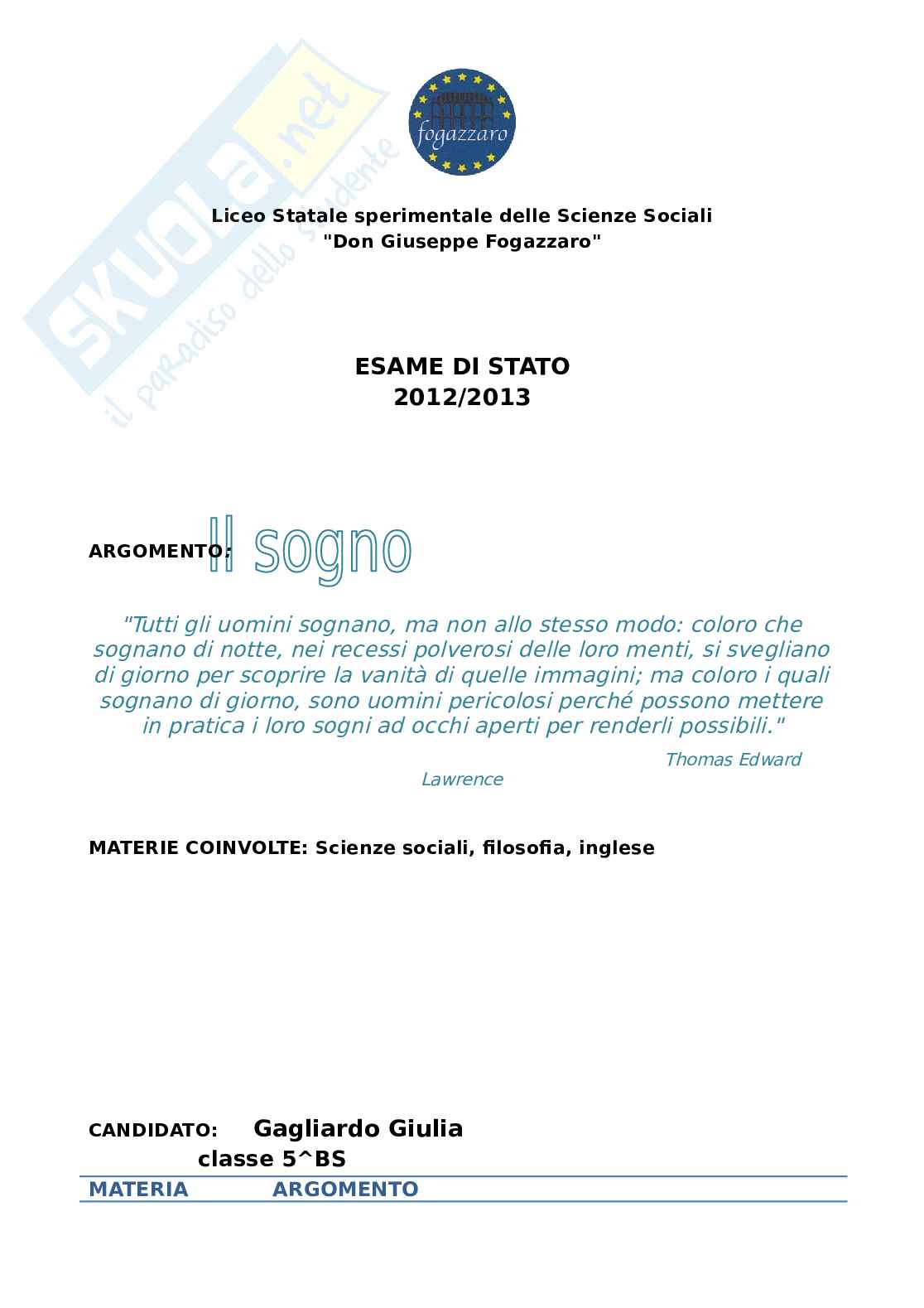 Sogno Tesina Per Liceo Sperimentale Con Collegamenti Vari