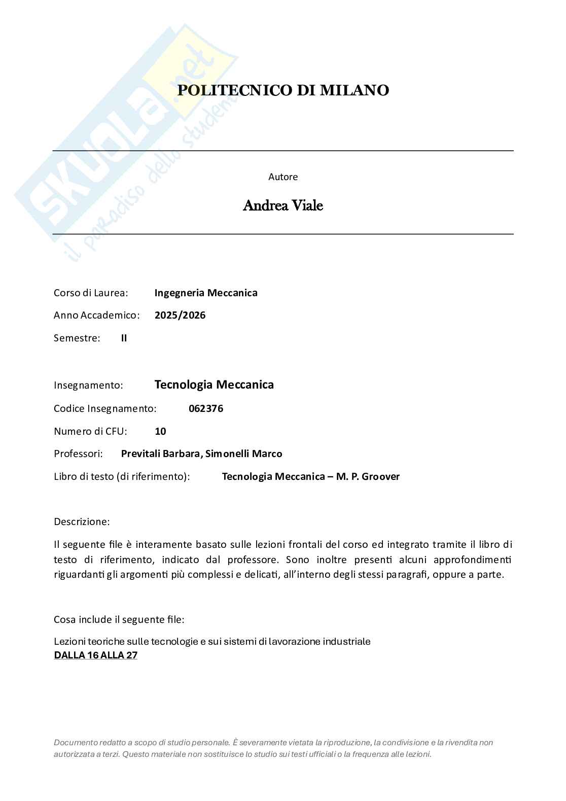 Appunti completi lezioni di Tecnologia meccanica - Parte 2 Pag. 1