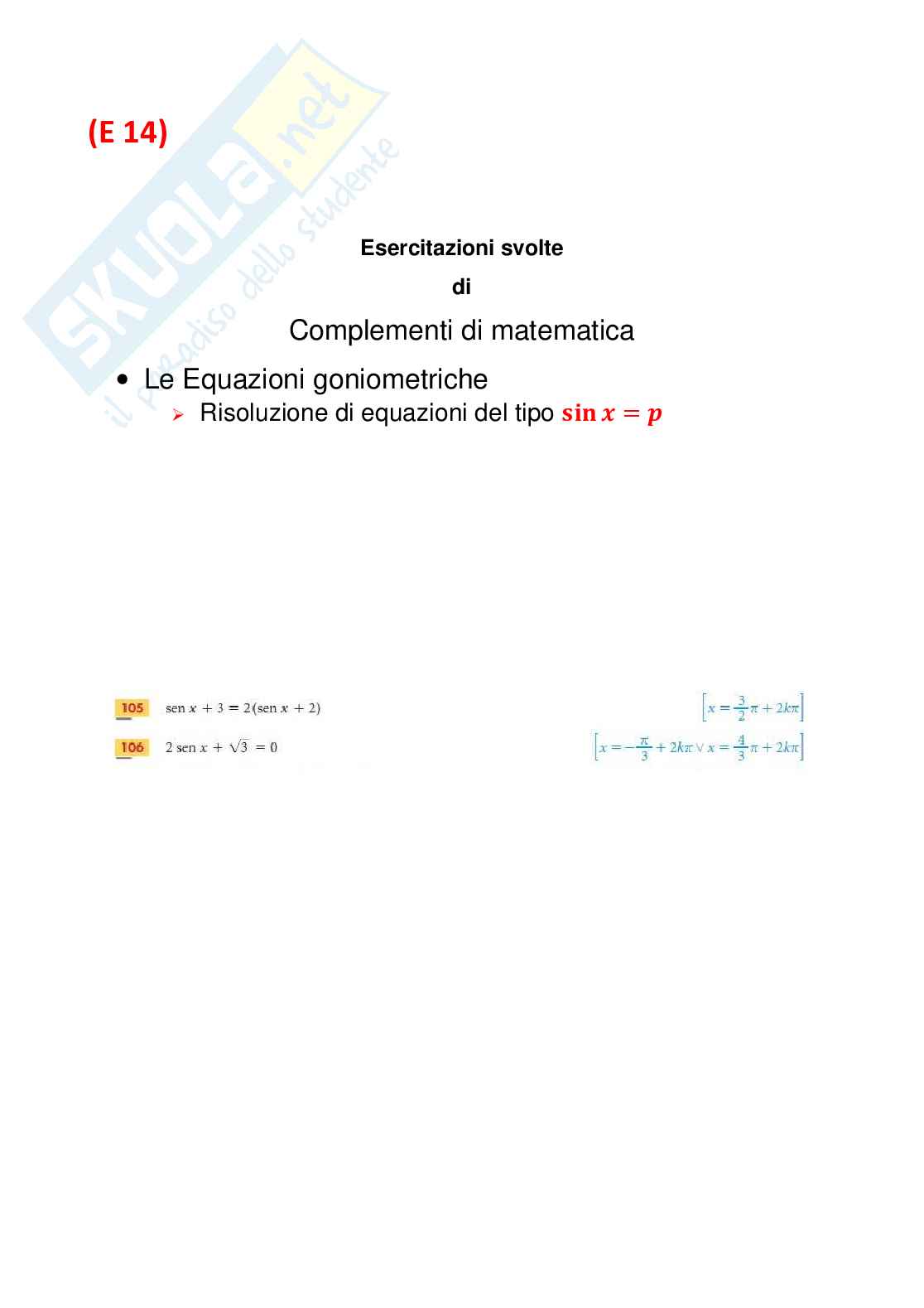 Equazioni goniometriche elementari del tipo sen(x)=p N14 Pag. 1