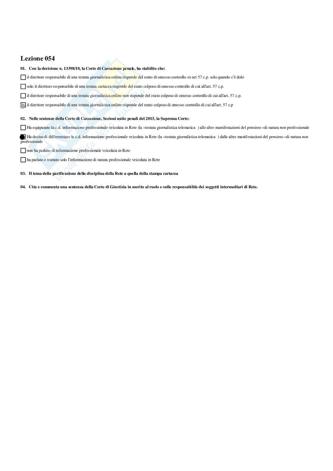 Paniere Diritto dell'informazione e della comunicazione - Risposte multiple - aggiornato (2025) Pag. 56