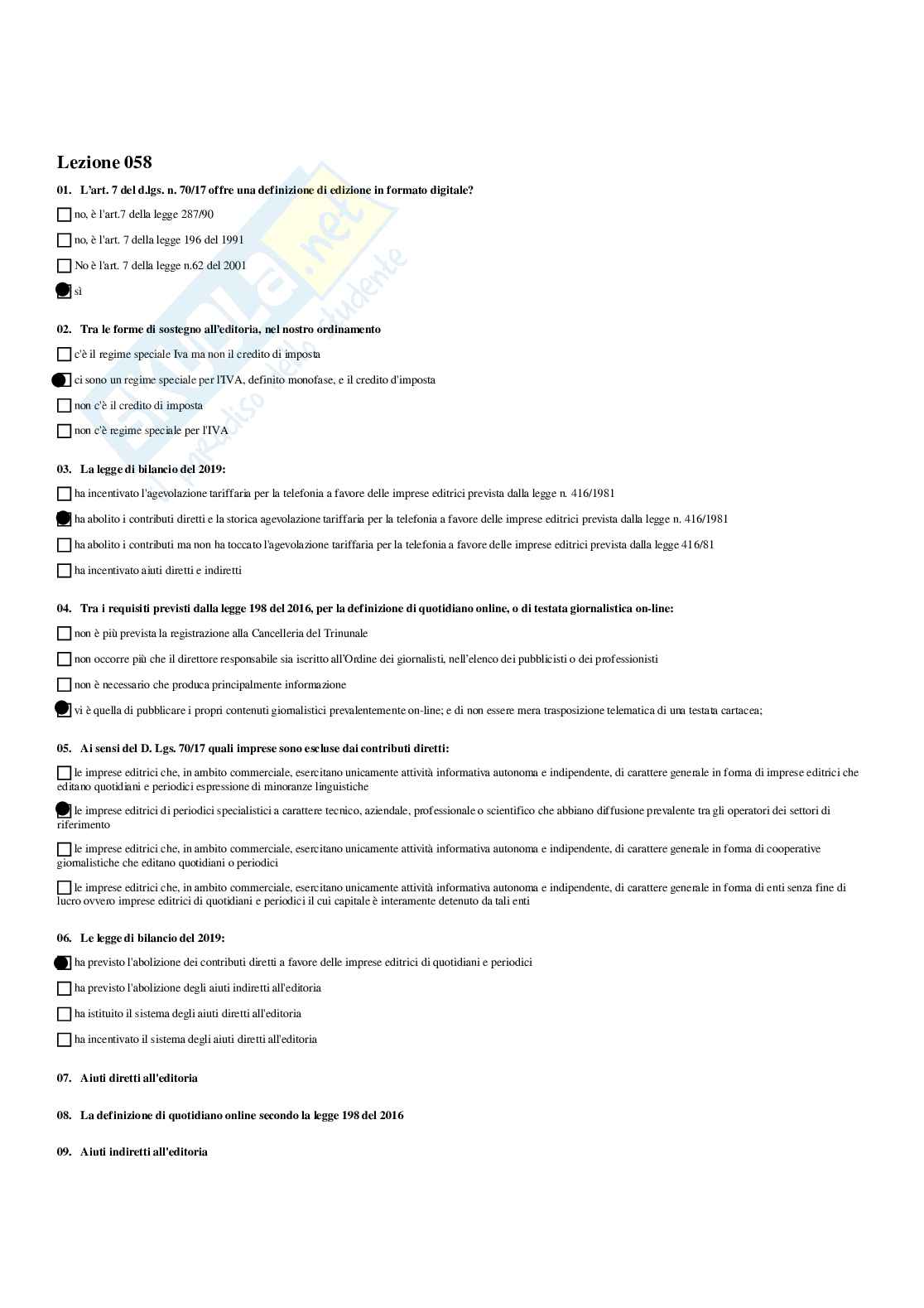 Paniere Diritto dell'informazione e della comunicazione - Risposte multiple - aggiornato (2025) Pag. 61