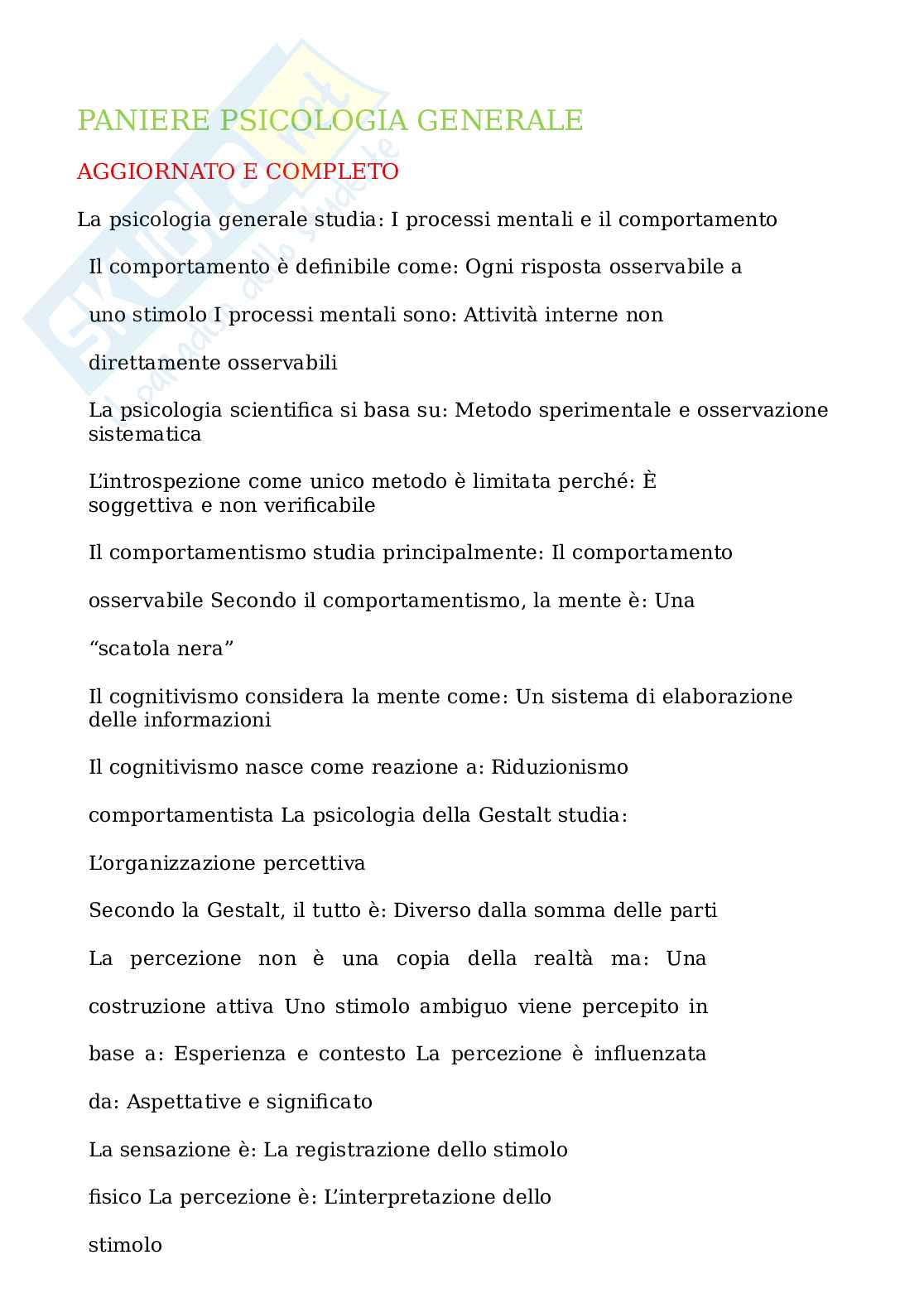 Paniere Psicologia generale. Aggiornato e completo. In ordine Pag. 1
