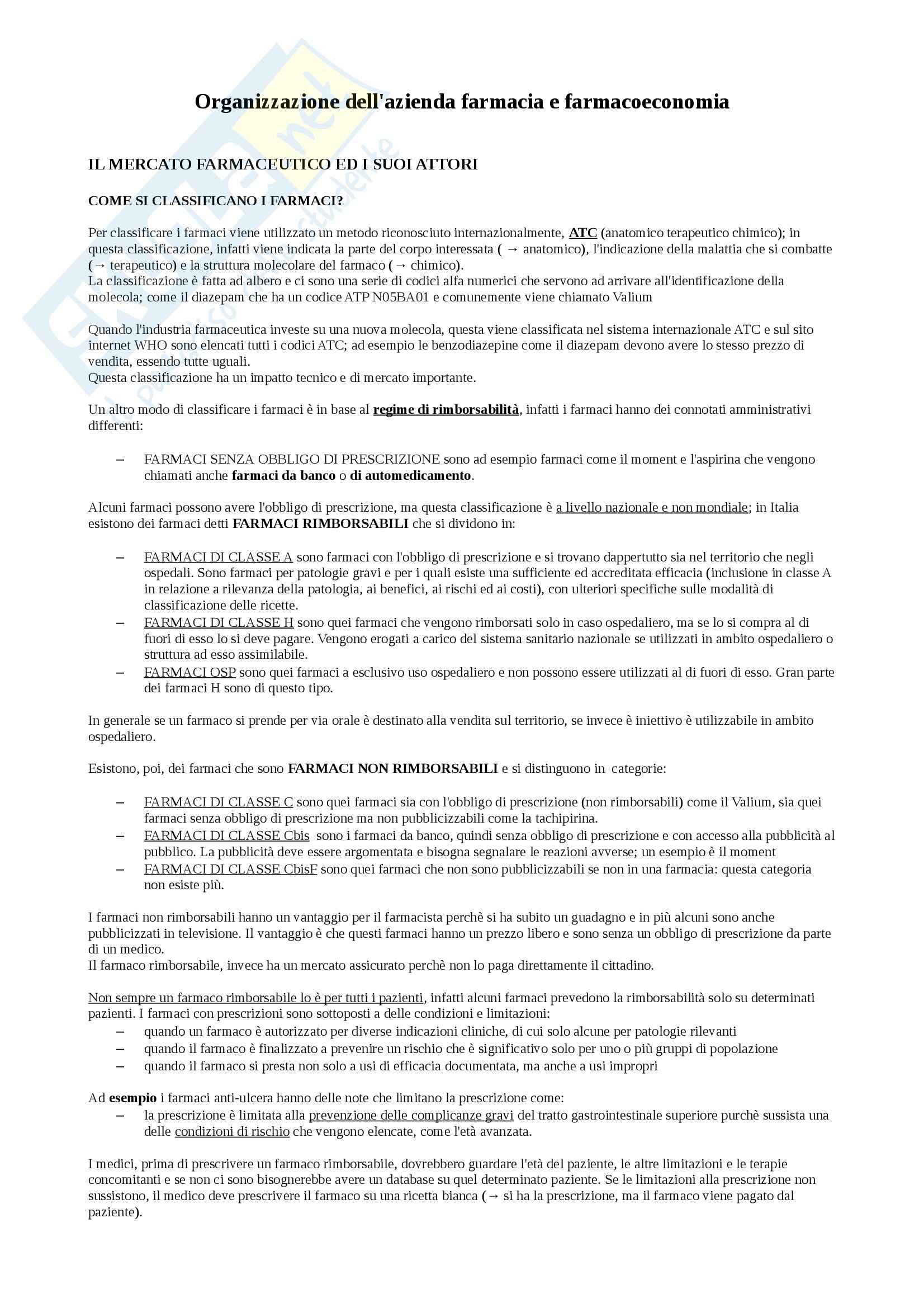 Organizzazione dell'azienda farmacia e farmacoeconomia - Appunti Pag. 1