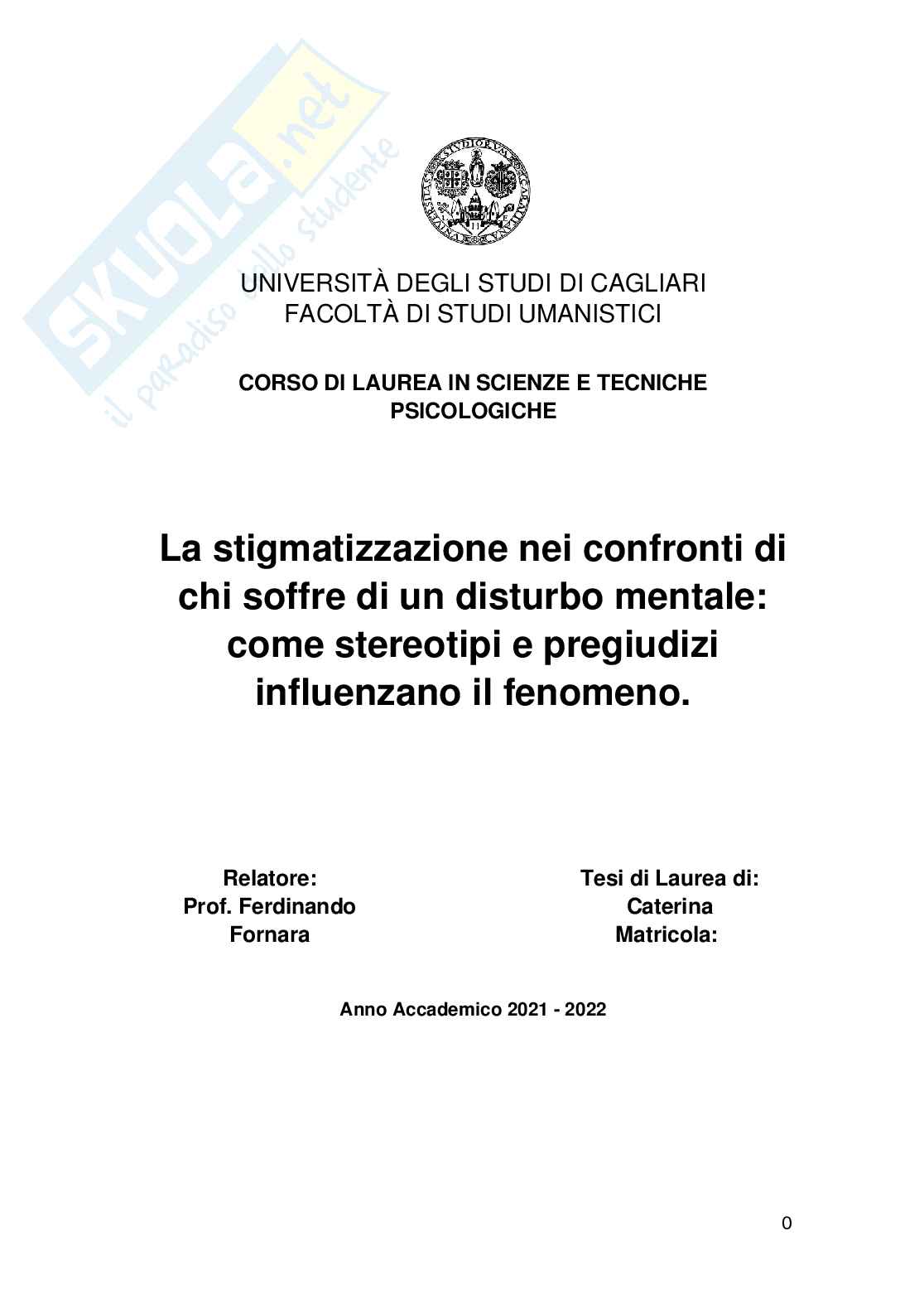 Tesi sulla stigmatizzazione verso chi soffre di un disturbo mentale Pag. 1