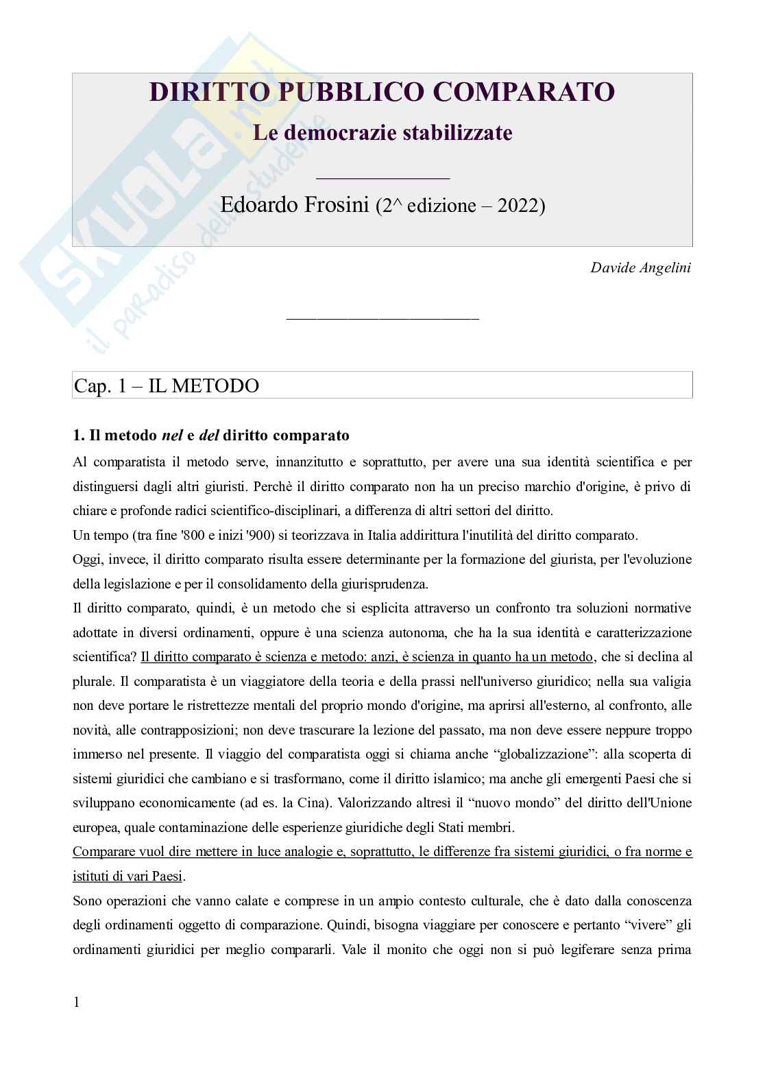 Riassunto esame Diritto privato comparato, Prof. Martinelli Claudio, libro consigliato Diritto pubblico comparato - Le democrazie stabilizzate (2^edizione, 2022), Frosini Pag. 1