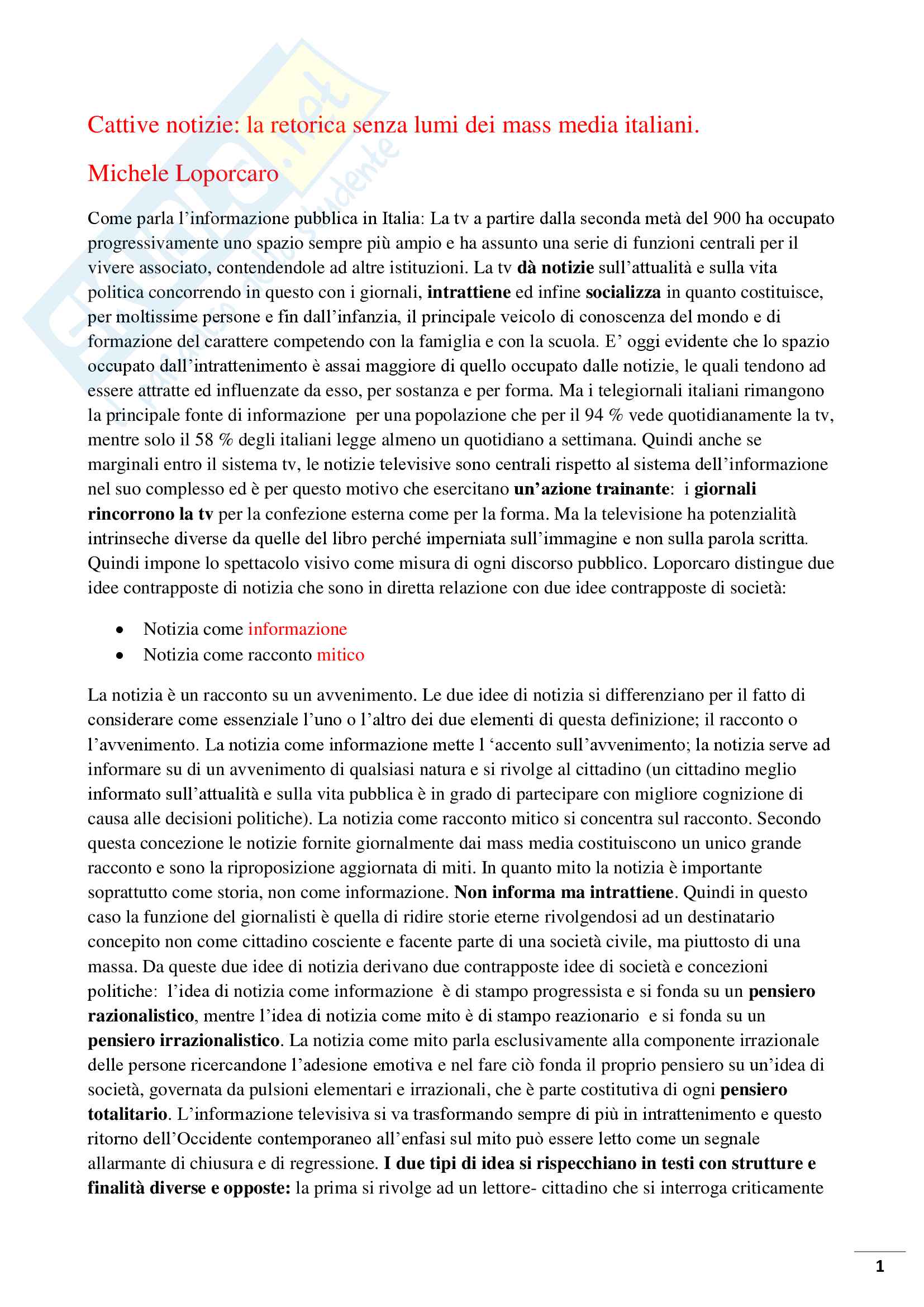 Riassunto esame Linguistica dei media, prof Bonomi, libro consigliato, Cattive notizie di Michele Loporcaro Pag. 1