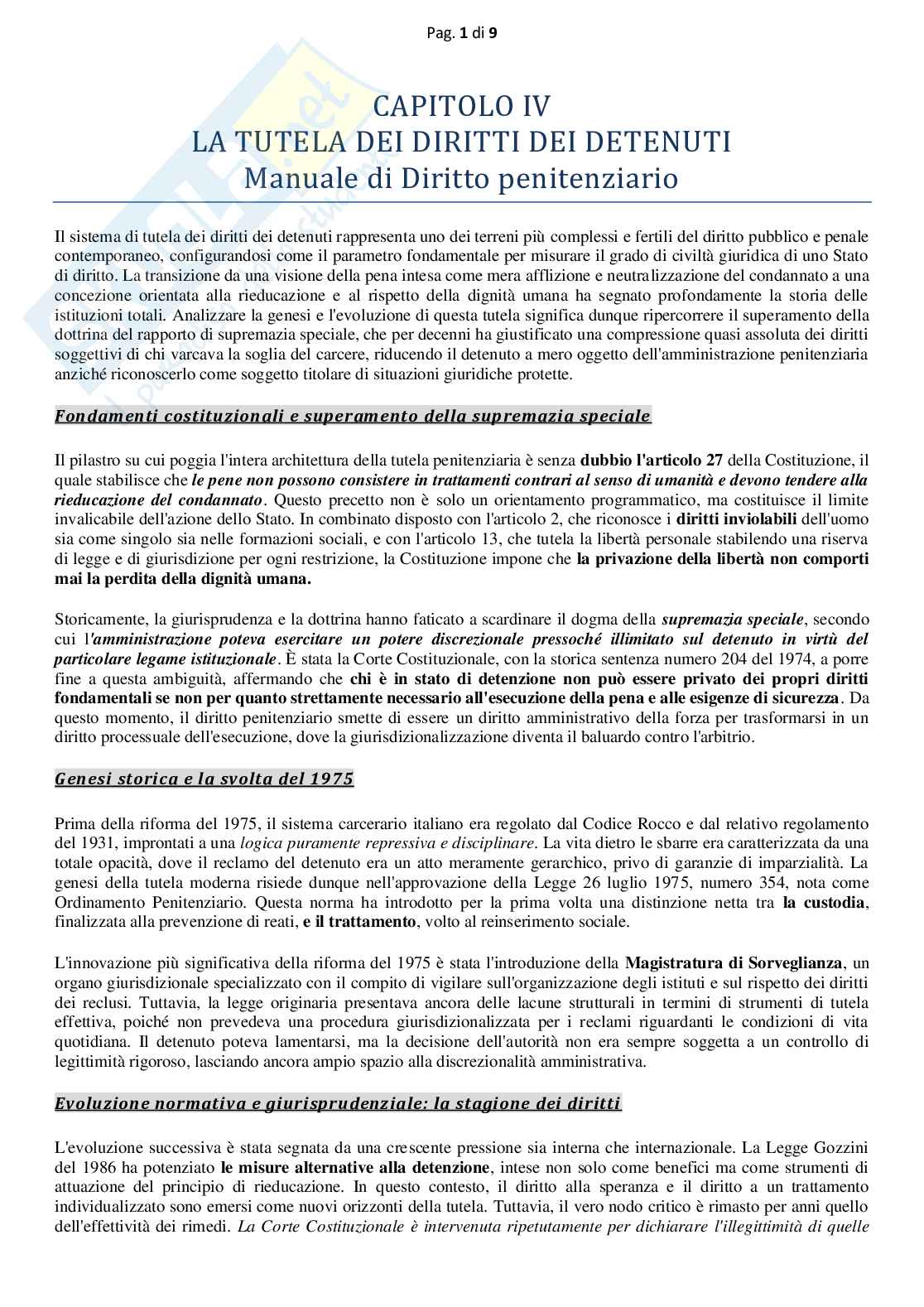 Riassunto esame Diritto penitenziario, Prof. Pascucci Nicola, libro consigliato Manuale di diritto penitenziario - La tutela dei diritti, titolo capitolo quarto), Della Casa, Giostra Pag. 1