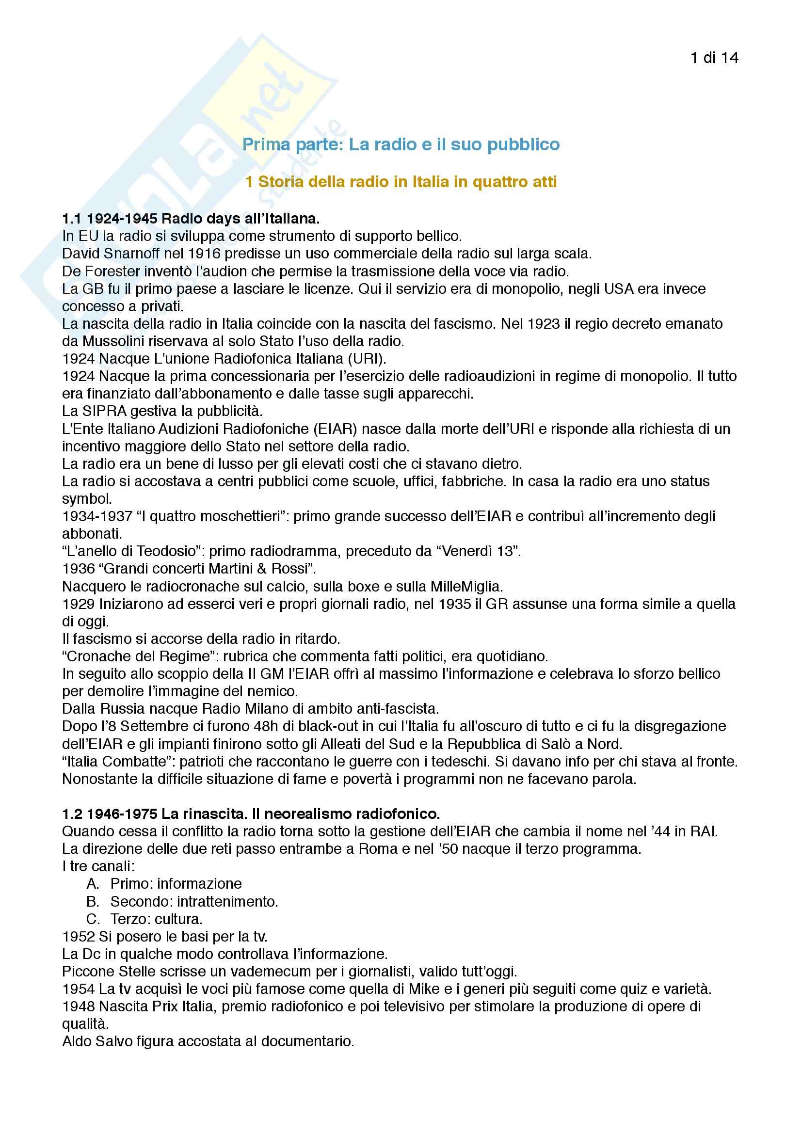 Riassunto esame Radio, prof. Bonini, libro consigliato La radio in Italia, Bonini Pag. 1
