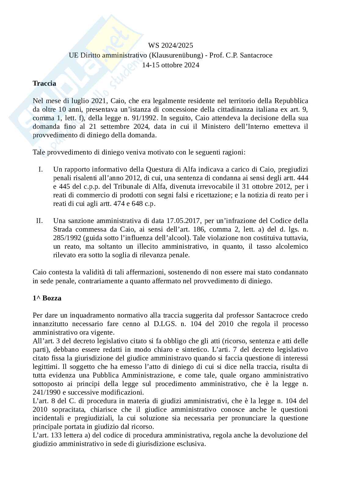 Caso svolto nel corso dell'esercitazione di Diritto amministrativo Pag. 1