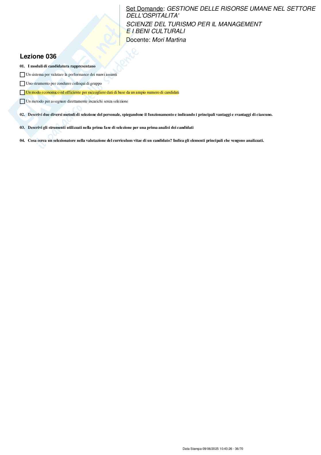 Paniere nuovo (2025) completo di Gestione delle risorse umane nel settore dell'ospitalità Pag. 36