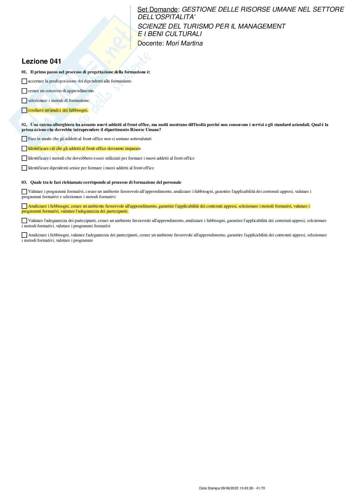 Paniere nuovo (2025) completo di Gestione delle risorse umane nel settore dell'ospitalità Pag. 41