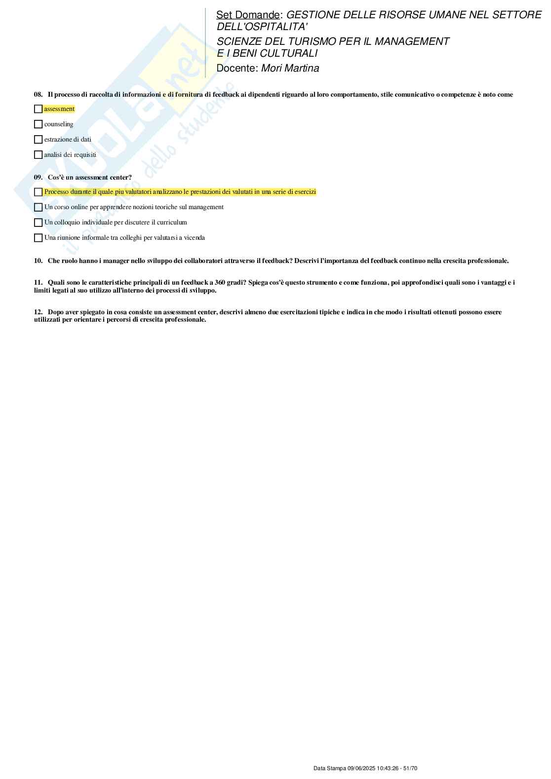 Paniere nuovo (2025) completo di Gestione delle risorse umane nel settore dell'ospitalità Pag. 51