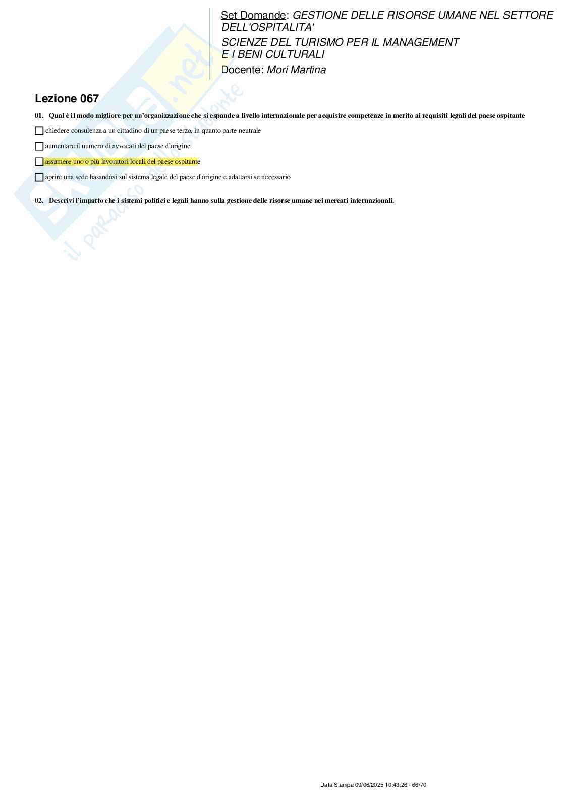 Paniere nuovo (2025) completo di Gestione delle risorse umane nel settore dell'ospitalità Pag. 66