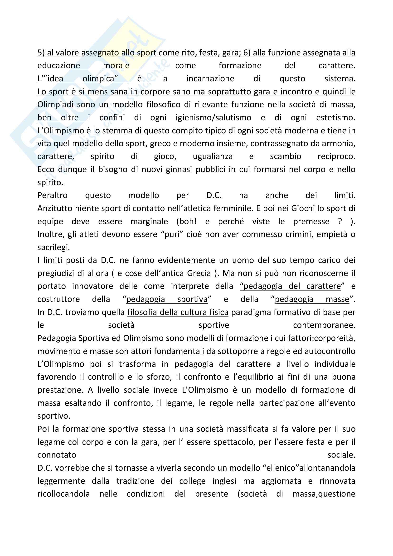 Riassunto esame Storia della pedagogia, prof. Vaccarelli, libro consigliato Una pedagogia sportiva per la società di massa, Cambi Pag. 6