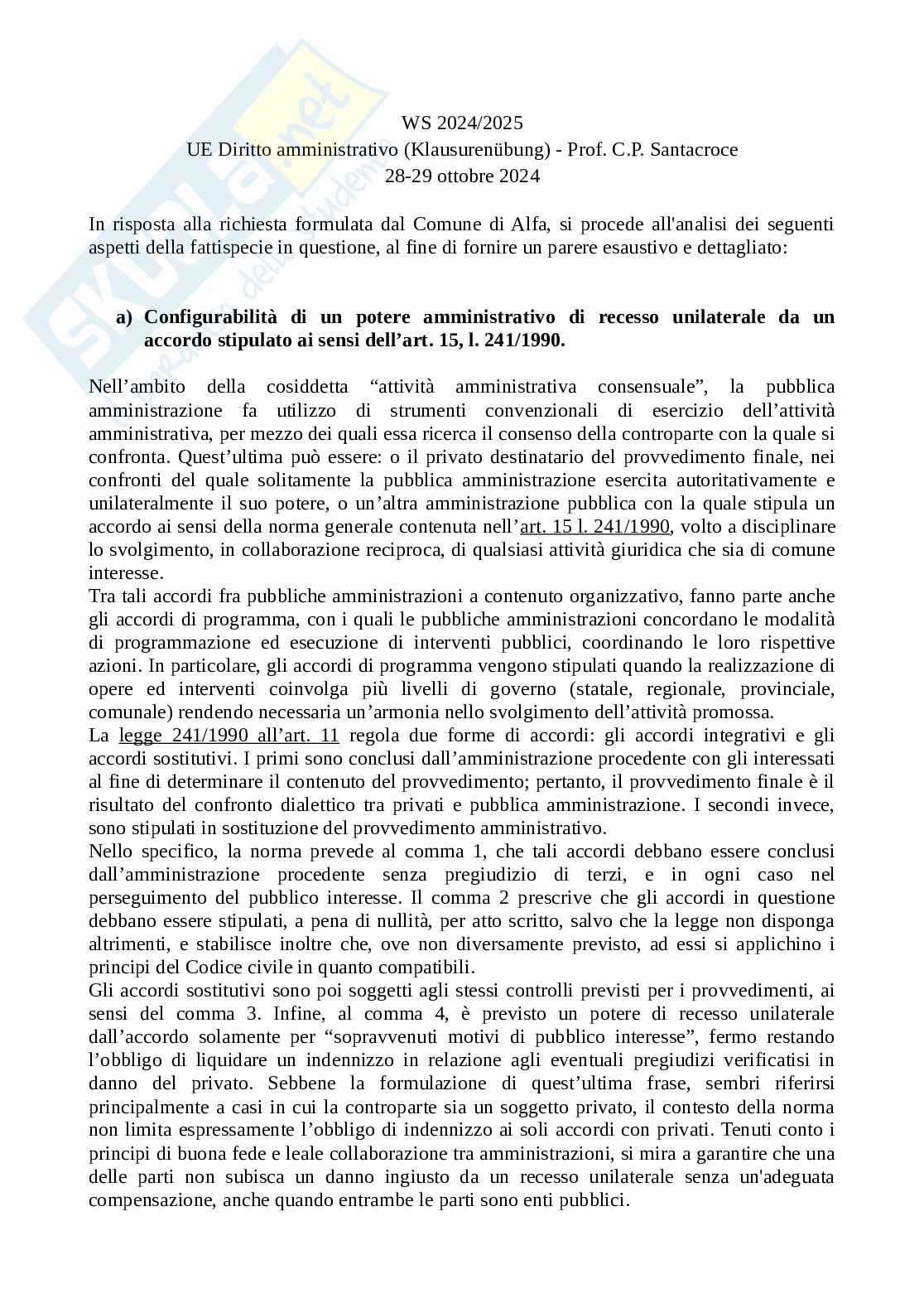 Caso dell'esercitazione di Diritto amministrativo Pag. 1