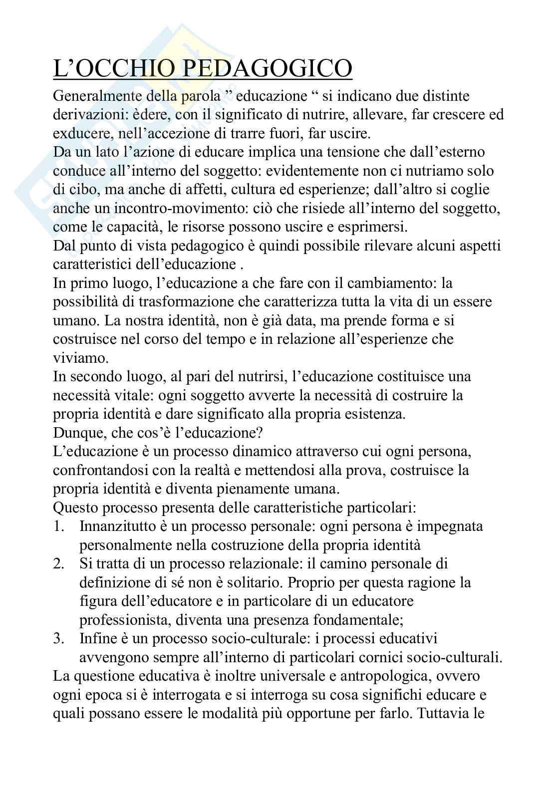 Riassunto esame Pedagogia generale, Prof. Zamengo Federico, libro consigliato Occhio pedagogico, Zamengo  Pag. 1