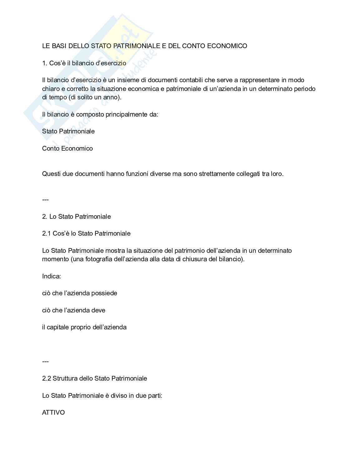 Definizioni Base semplice - Documenti di bilancio Stato patrimoniale e conto economica  Pag. 1