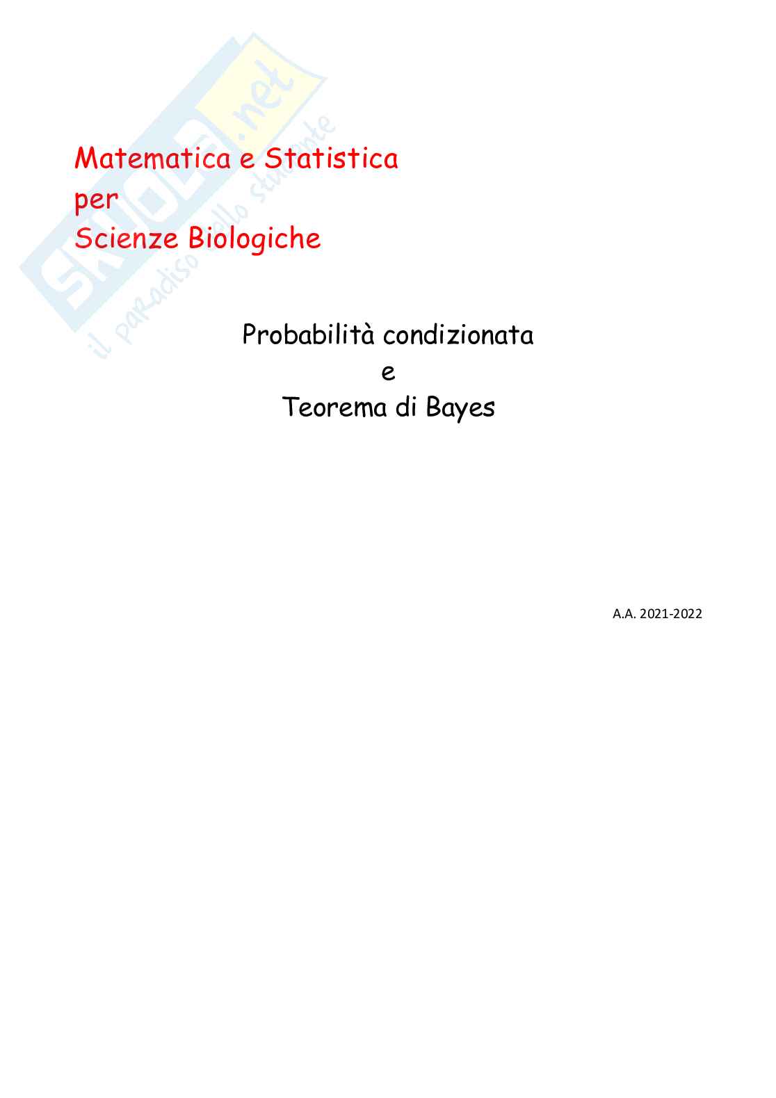 Statistica probabilità - condizionata e teorema di Bayes Pag. 1