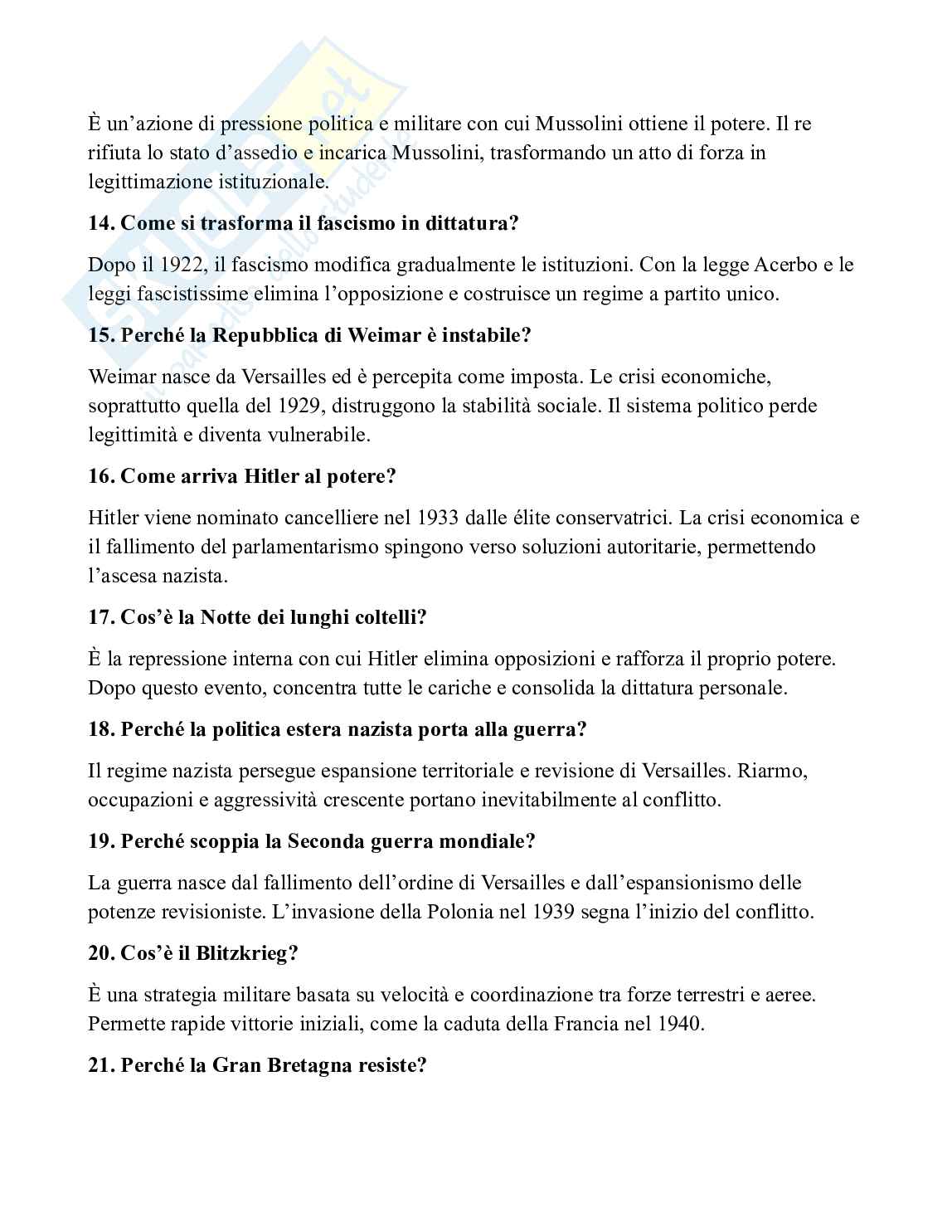 Storia contemporanea - Guerre mondiali (Schemi + domande e risposte per esame) Pag. 36