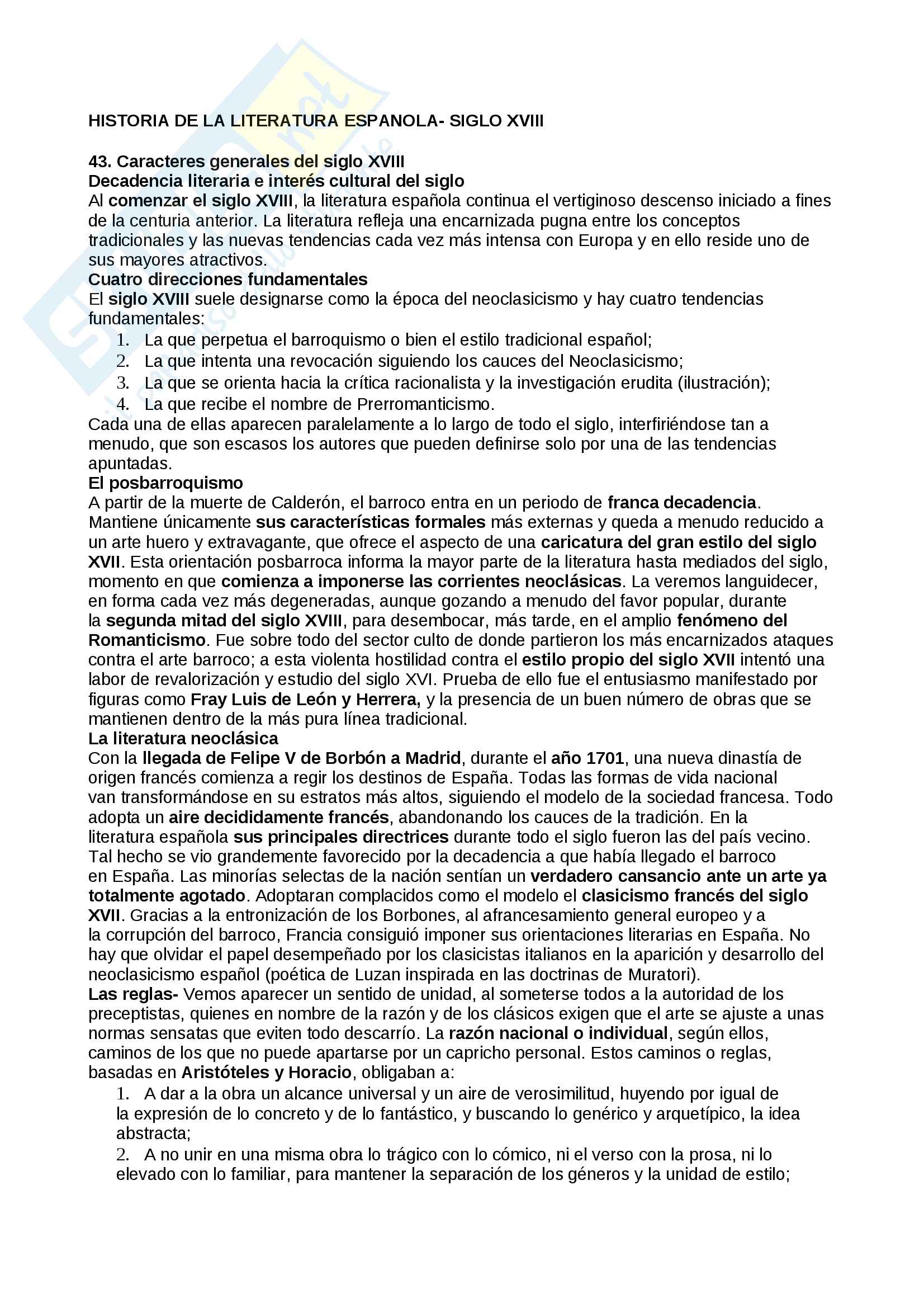 Riassunto esame Letteratura spagnola, prof. Resta, libro consigliato Historia de la Literatura Espanola, Vives (siglo XVIII) Pag. 1