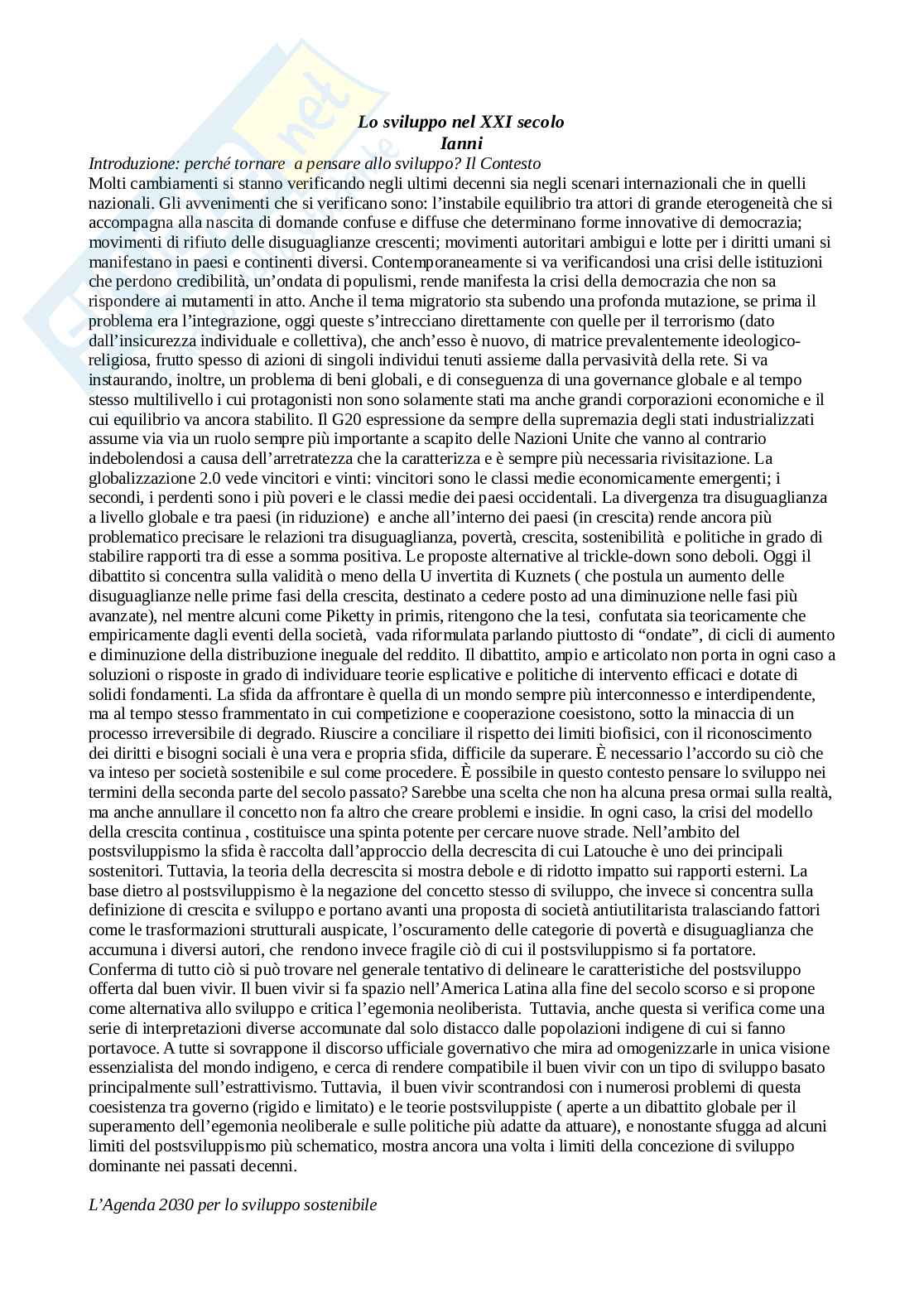 Riassunto esame sociologia dello sviluppo, prof Tomei, libro consigliato Lo sviluppo nel XXI secolo, Ianni Pag. 1