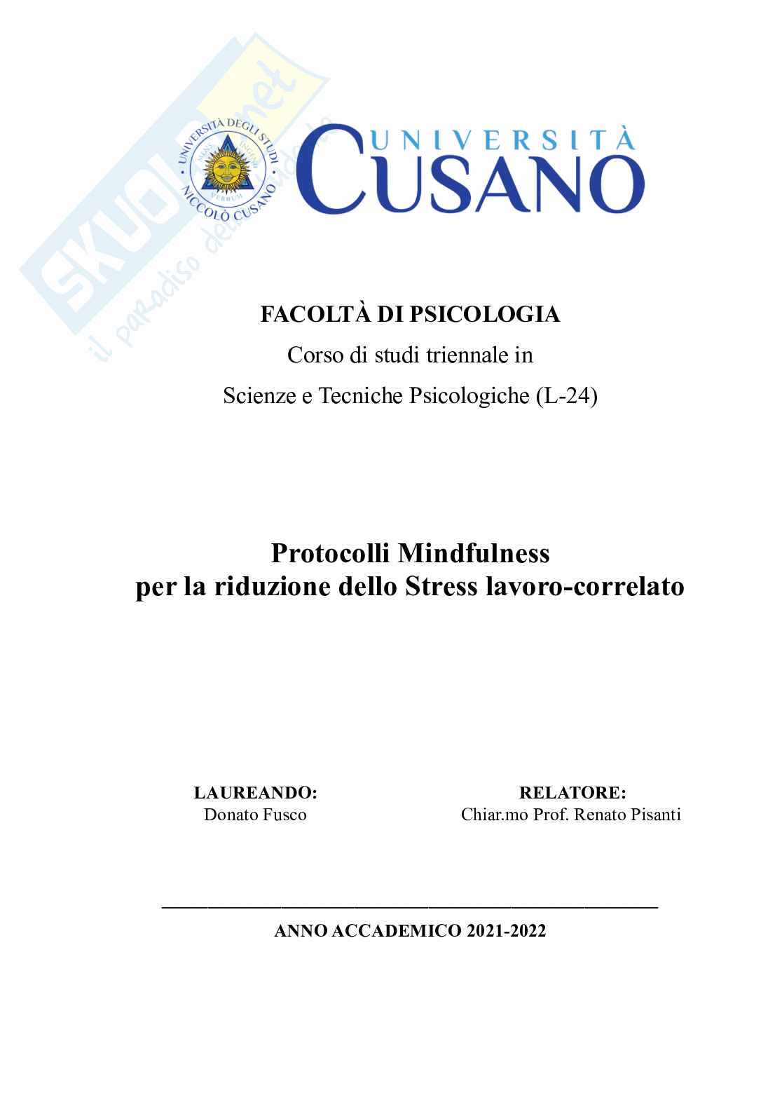 Protocolli Mindfulness per la riduzione dello Stress lavoro-correlato Pag. 1