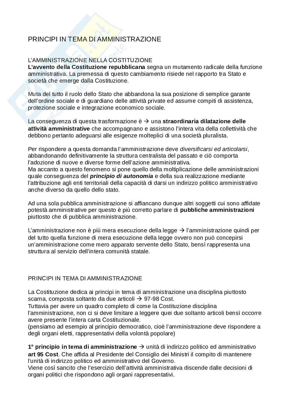 Appunti di Diritto pubblico sui principi in tema di amministrazione Pag. 1