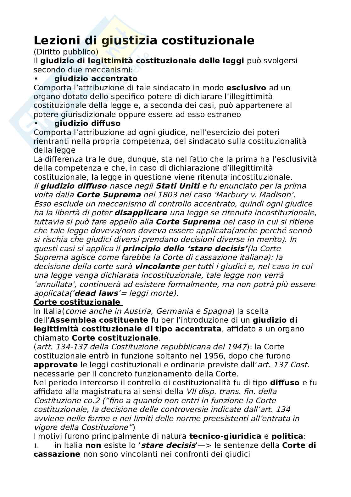 Riassunto esame Diritto costituzionale, Prof. Fontana Giampaolo, libro consigliato Lezioni di giustizia costituzionale (aggiornato da G.Fontana, VII edizione 2022), Cicconetti Pag. 1