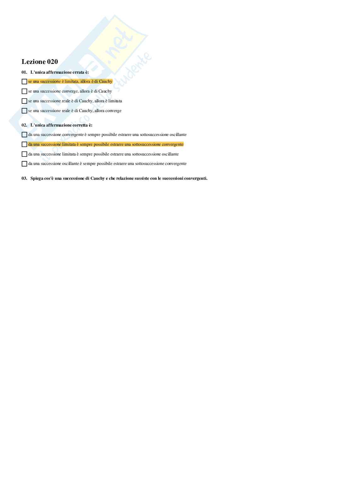 Analisi matematica – Preparazione esame – Paniere completo risposte chiuse (301) – A.A. 2025/2026 Pag. 21